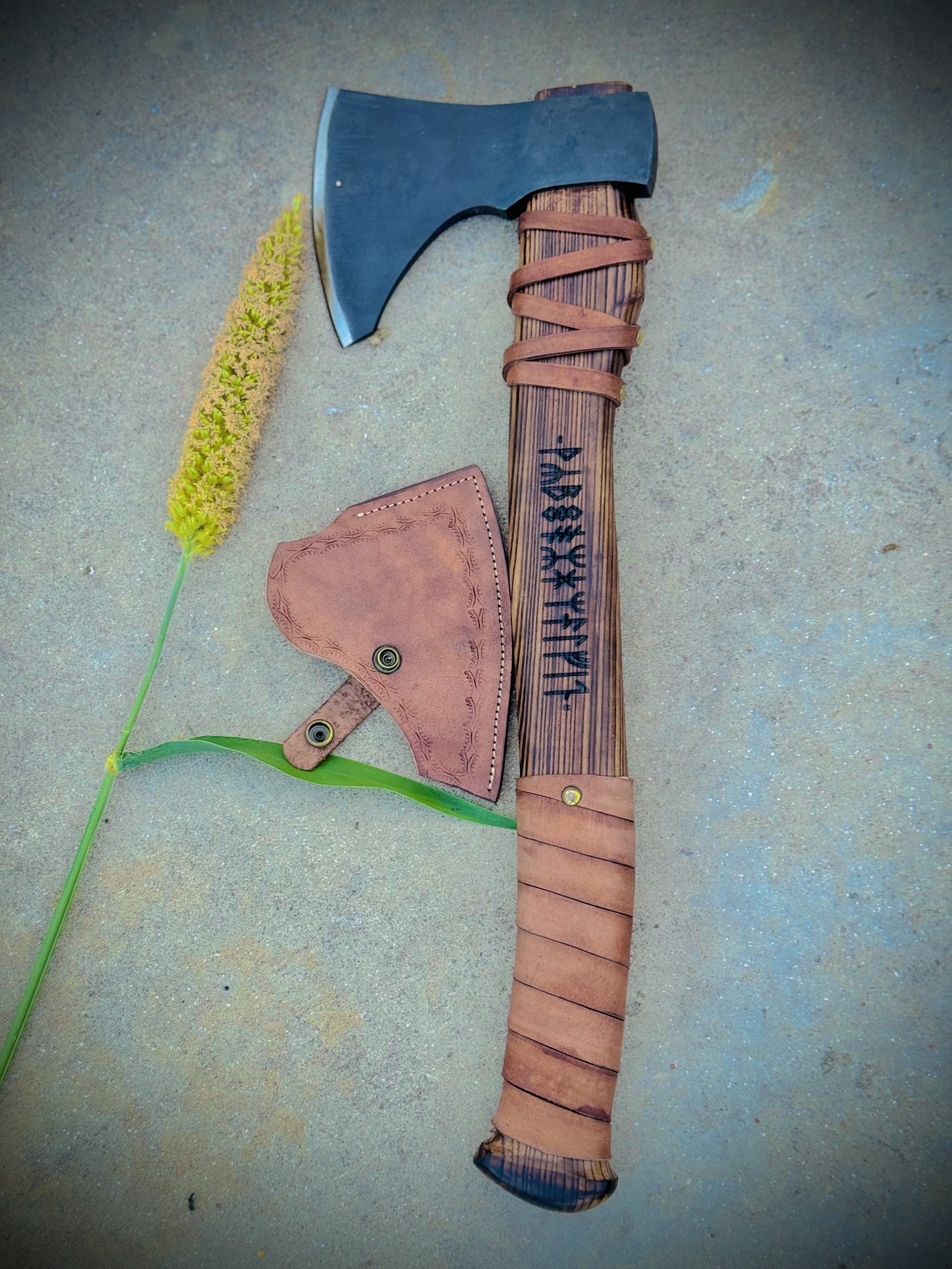 Norse Runic Hatchet – Handmade Carbon Steel Axe with Leather Sheath