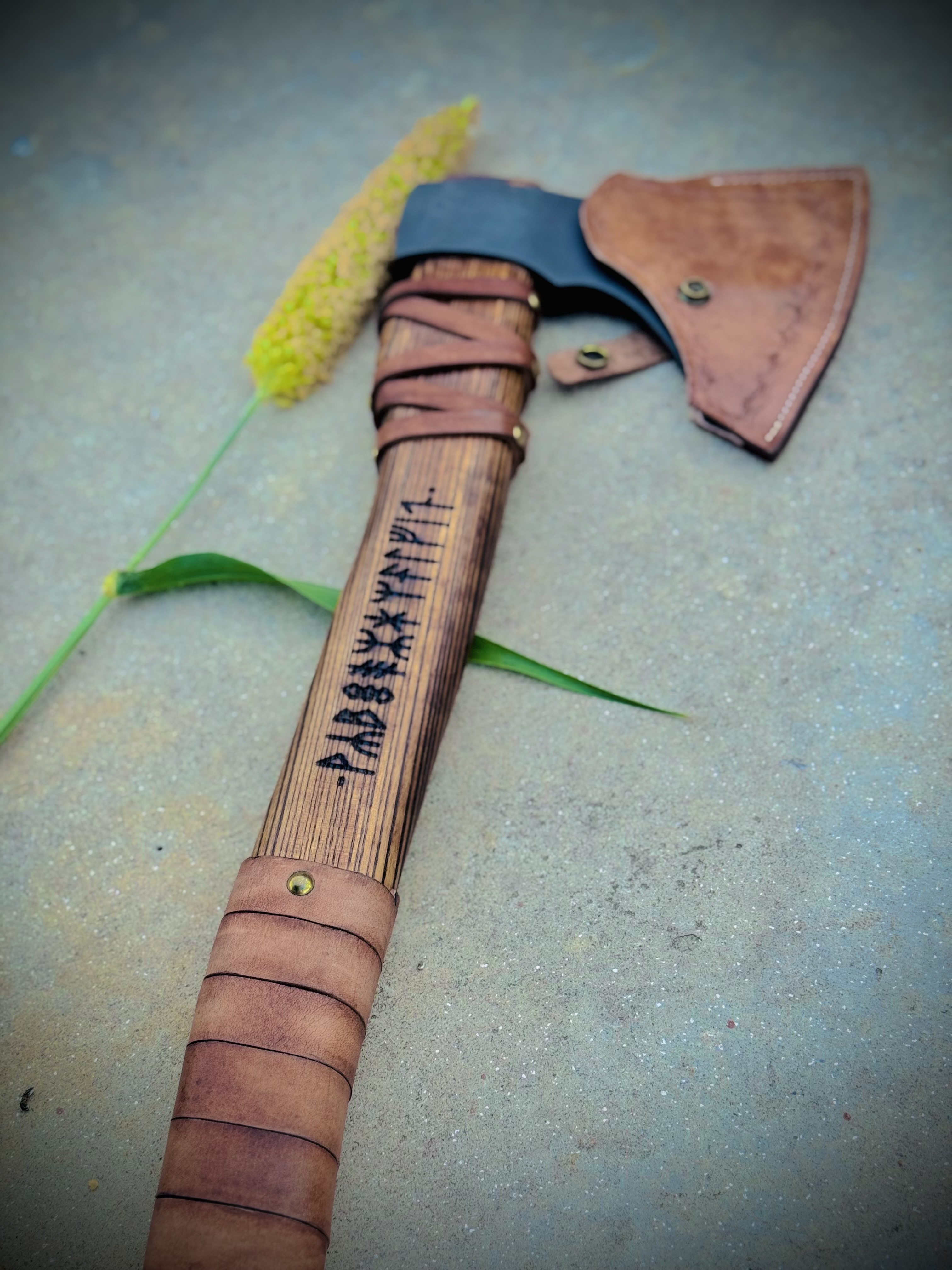 Norse Runic Hatchet – Handmade Carbon Steel Axe with Leather Sheath