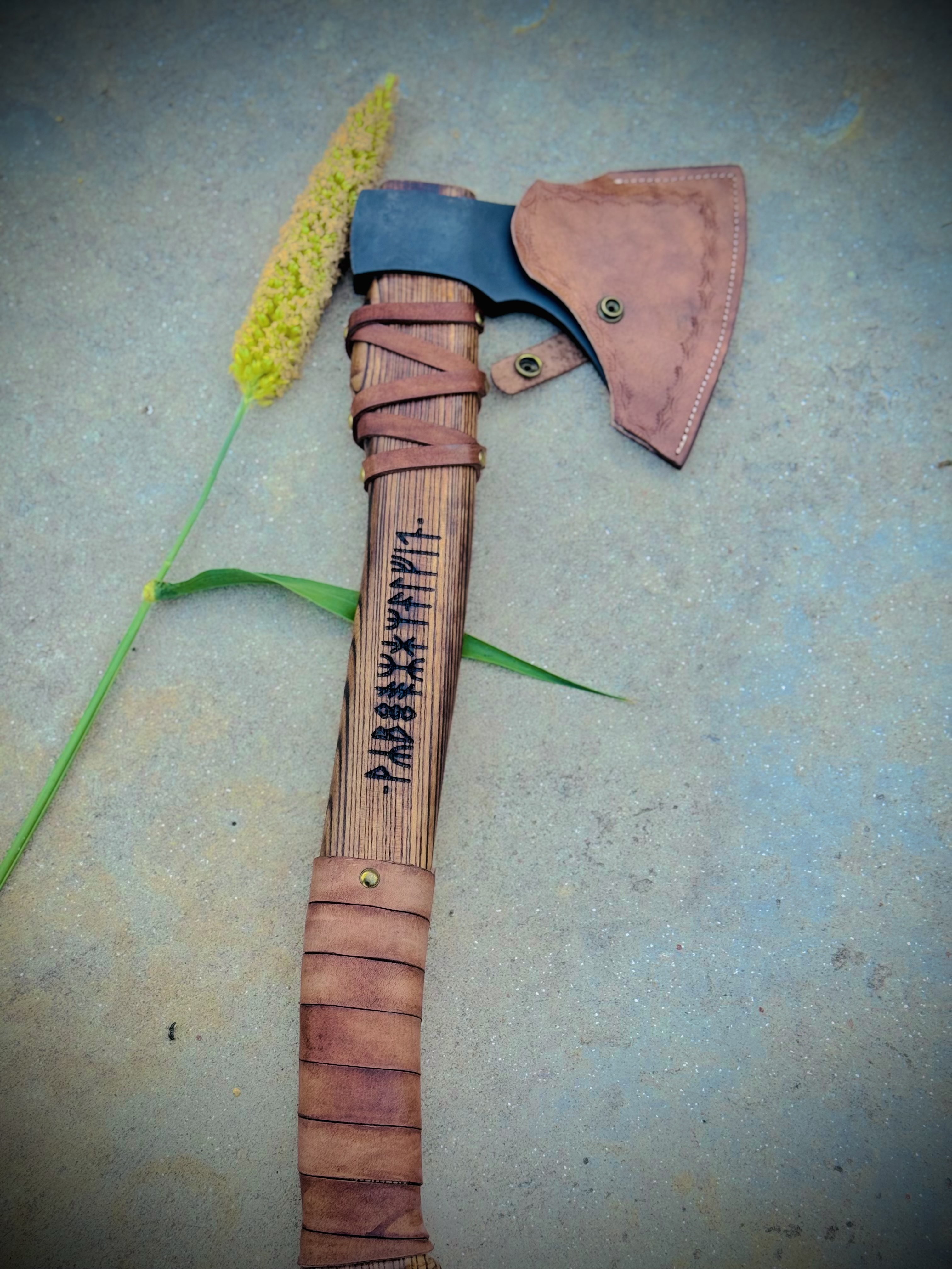 Norse Runic Hatchet – Handmade Carbon Steel Axe with Leather Sheath