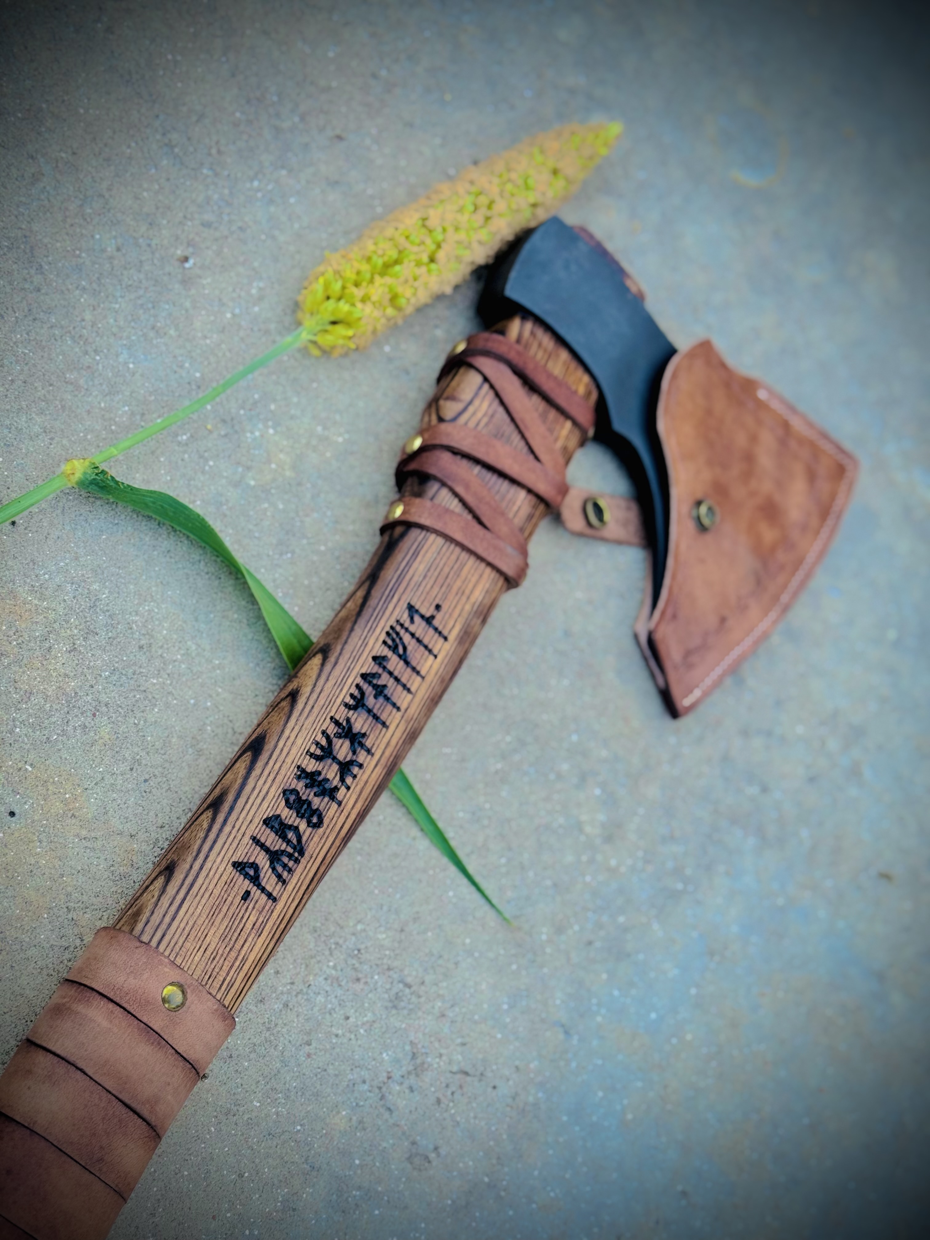 Norse Runic Hatchet – Handmade Carbon Steel Axe with Leather Sheath
