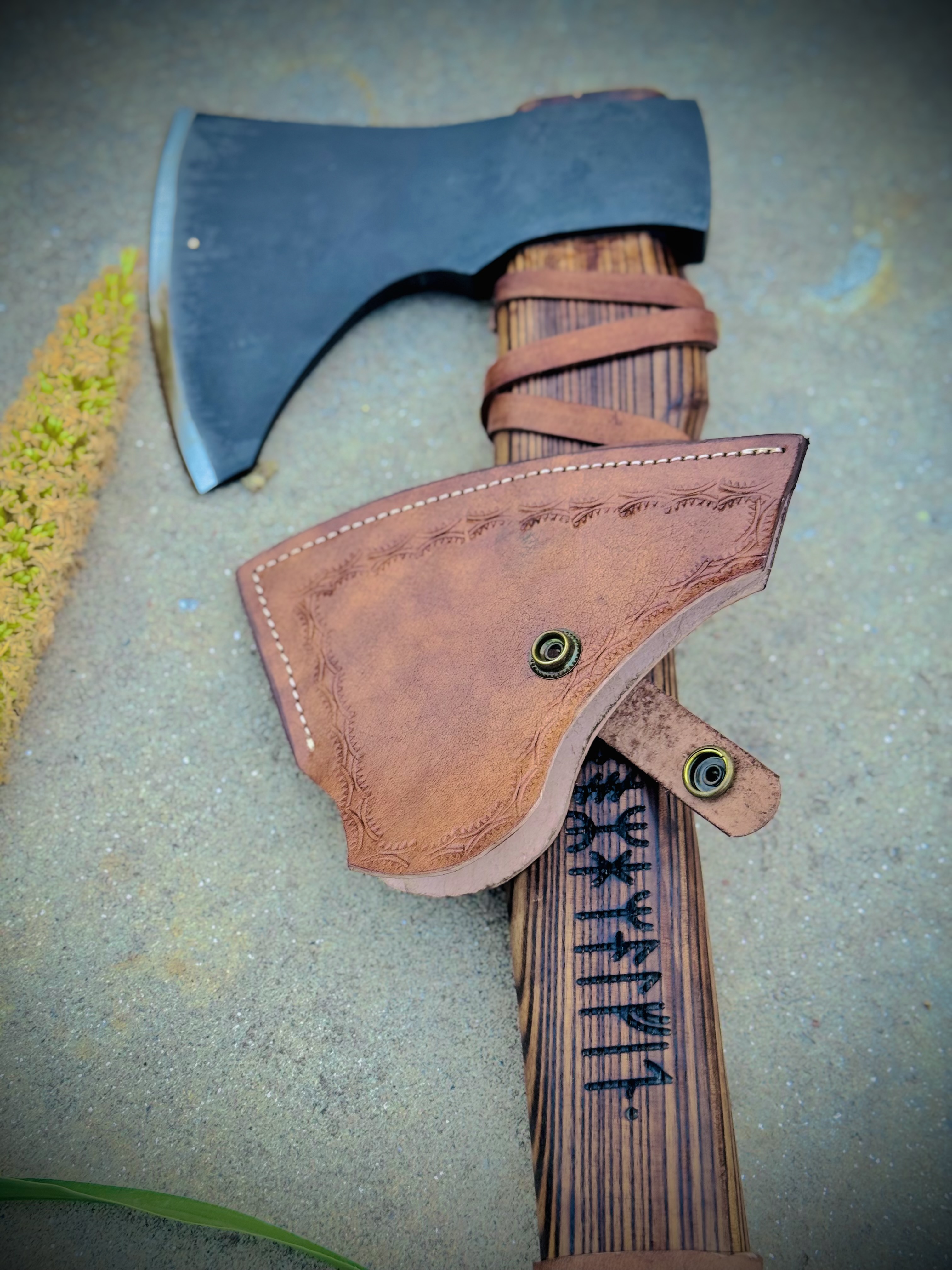 Norse Runic Hatchet – Handmade Carbon Steel Axe with Leather Sheath