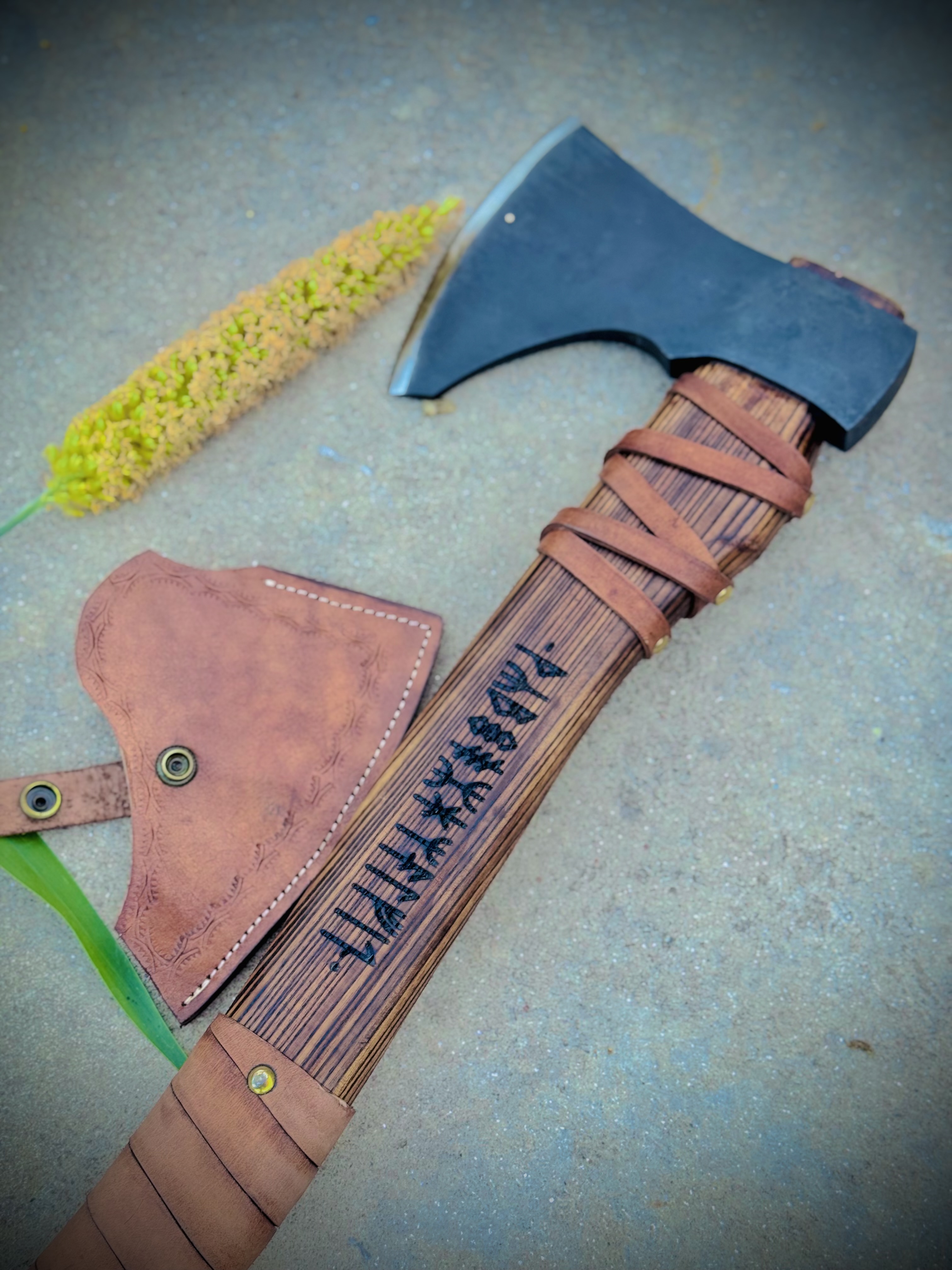 Norse Runic Hatchet – Handmade Carbon Steel Axe with Leather Sheath