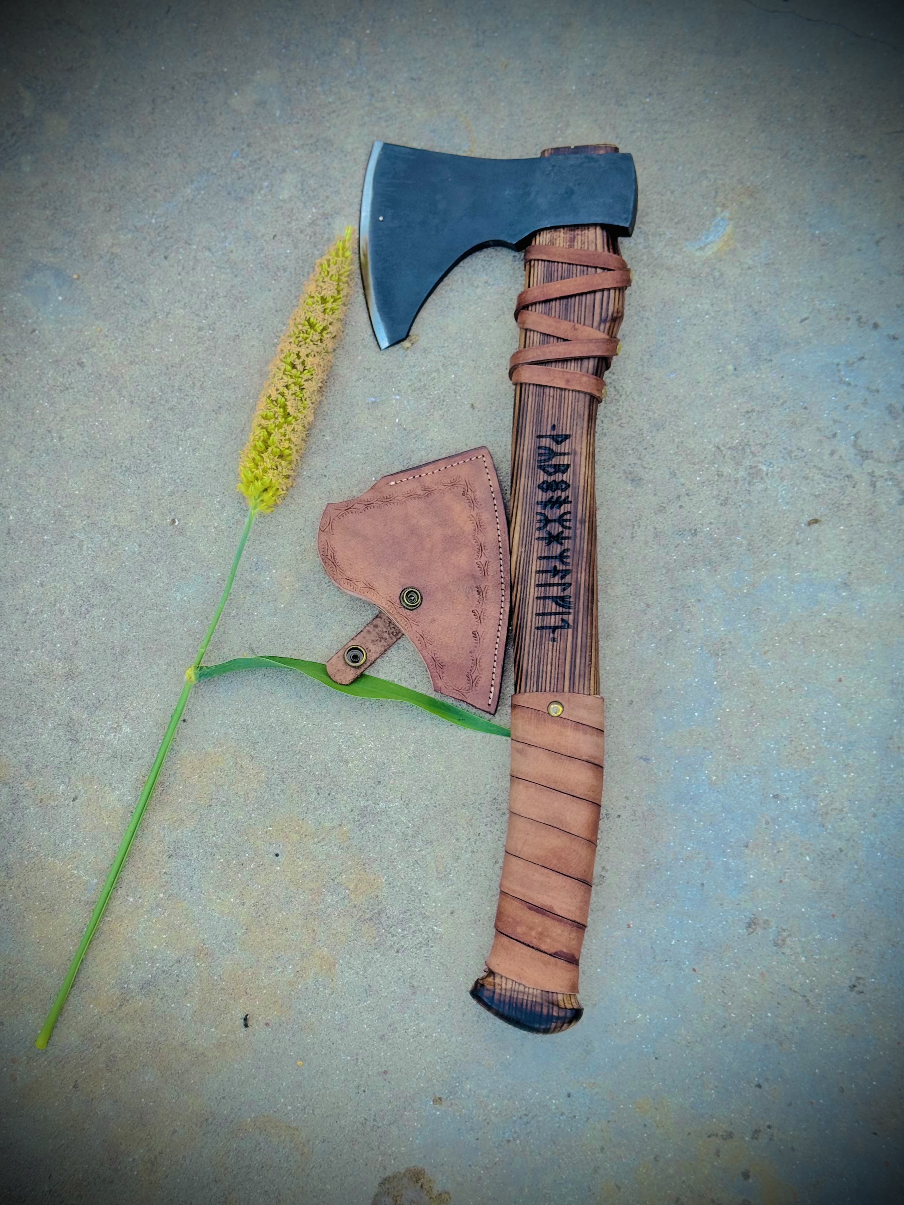 Norse Runic Hatchet – Handmade Carbon Steel Axe with Leather Sheath