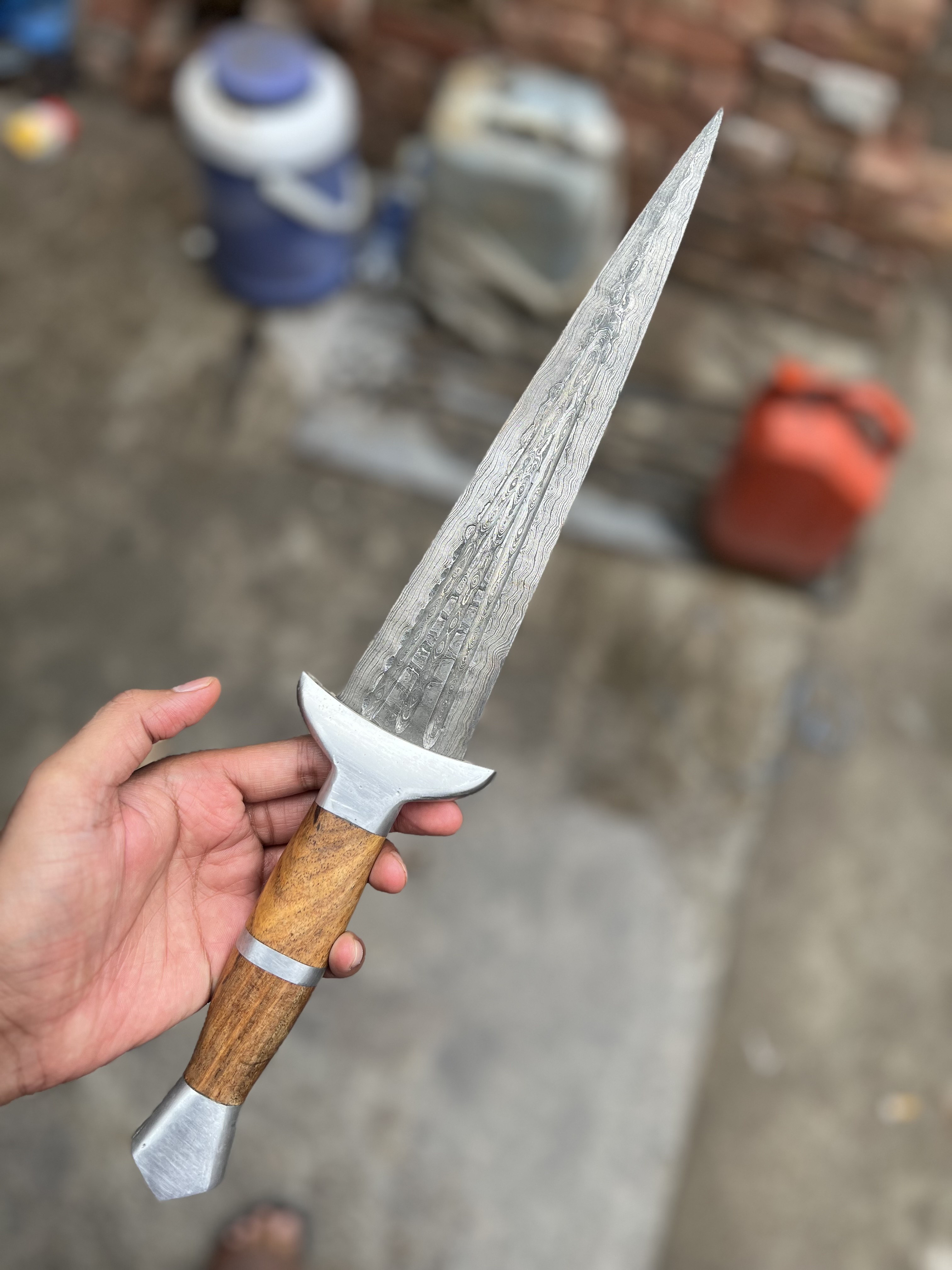 17" Damascus Dagger – Handmade Double Edge with Wood Handle
