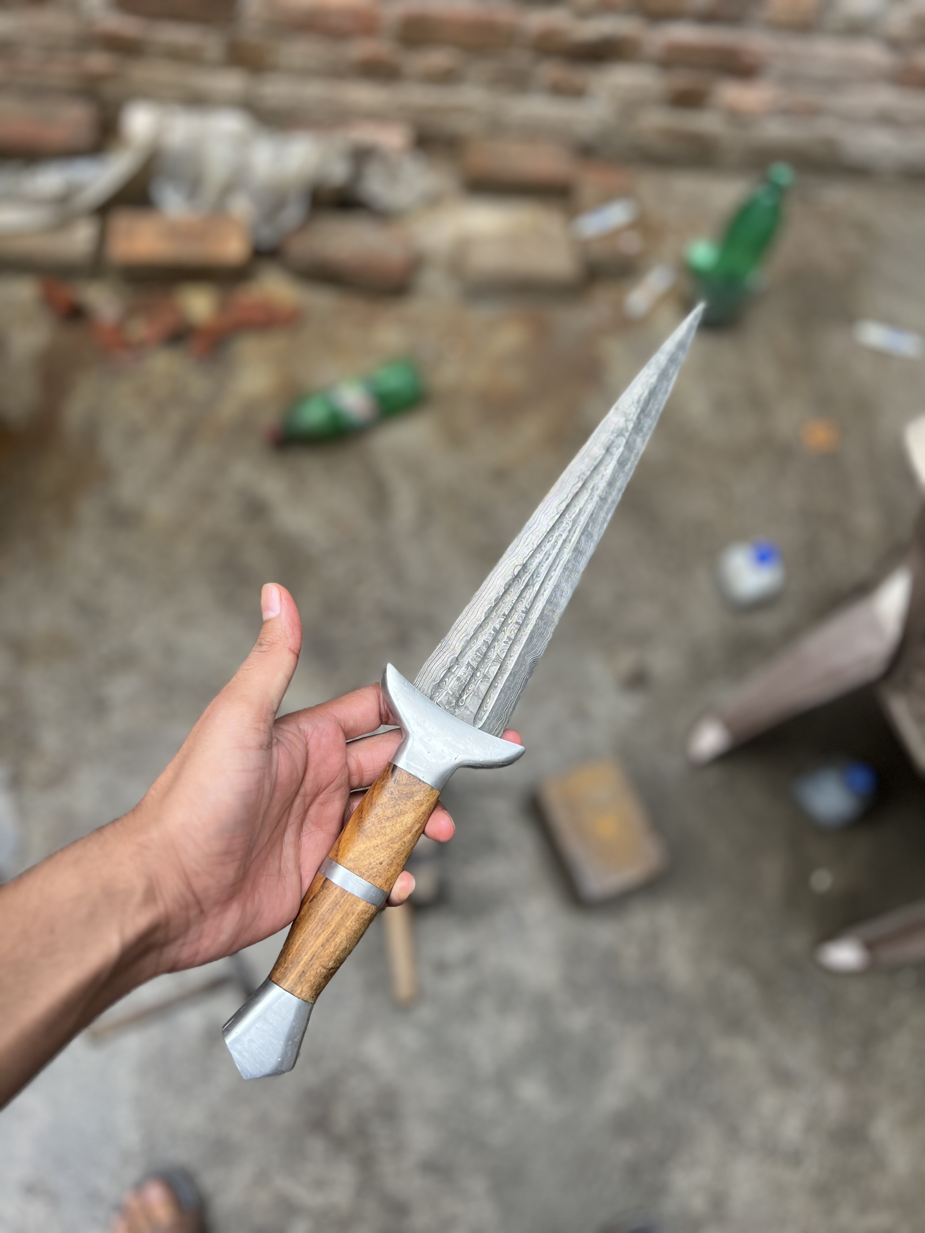 17" Damascus Dagger – Handmade Double Edge with Wood Handle