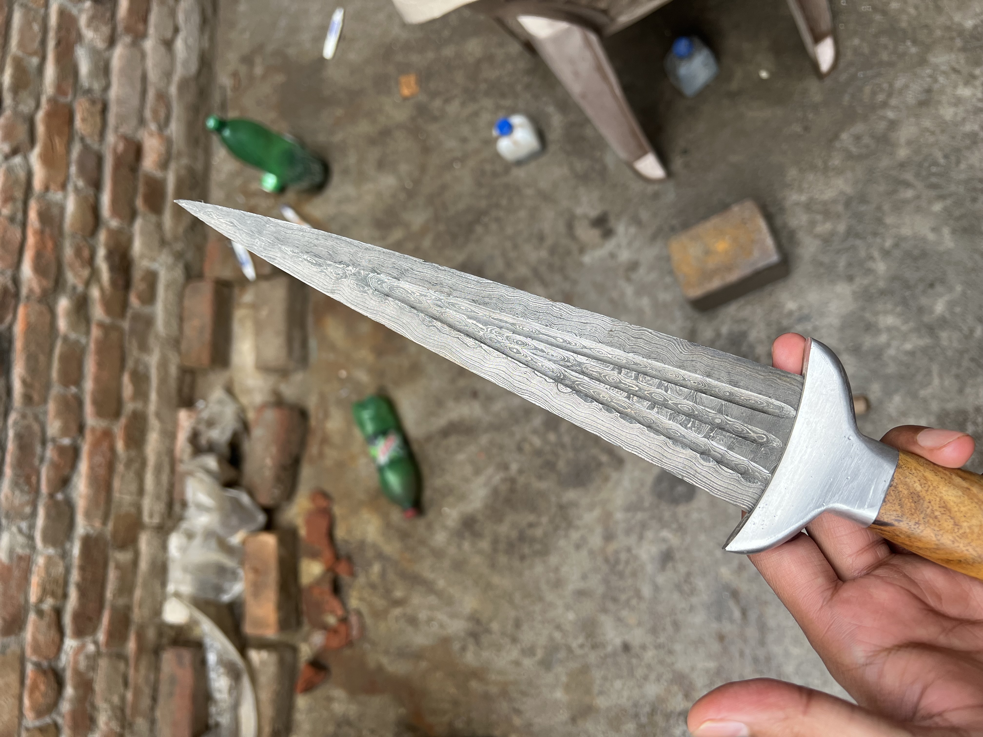 17" Damascus Dagger – Handmade Double Edge with Wood Handle