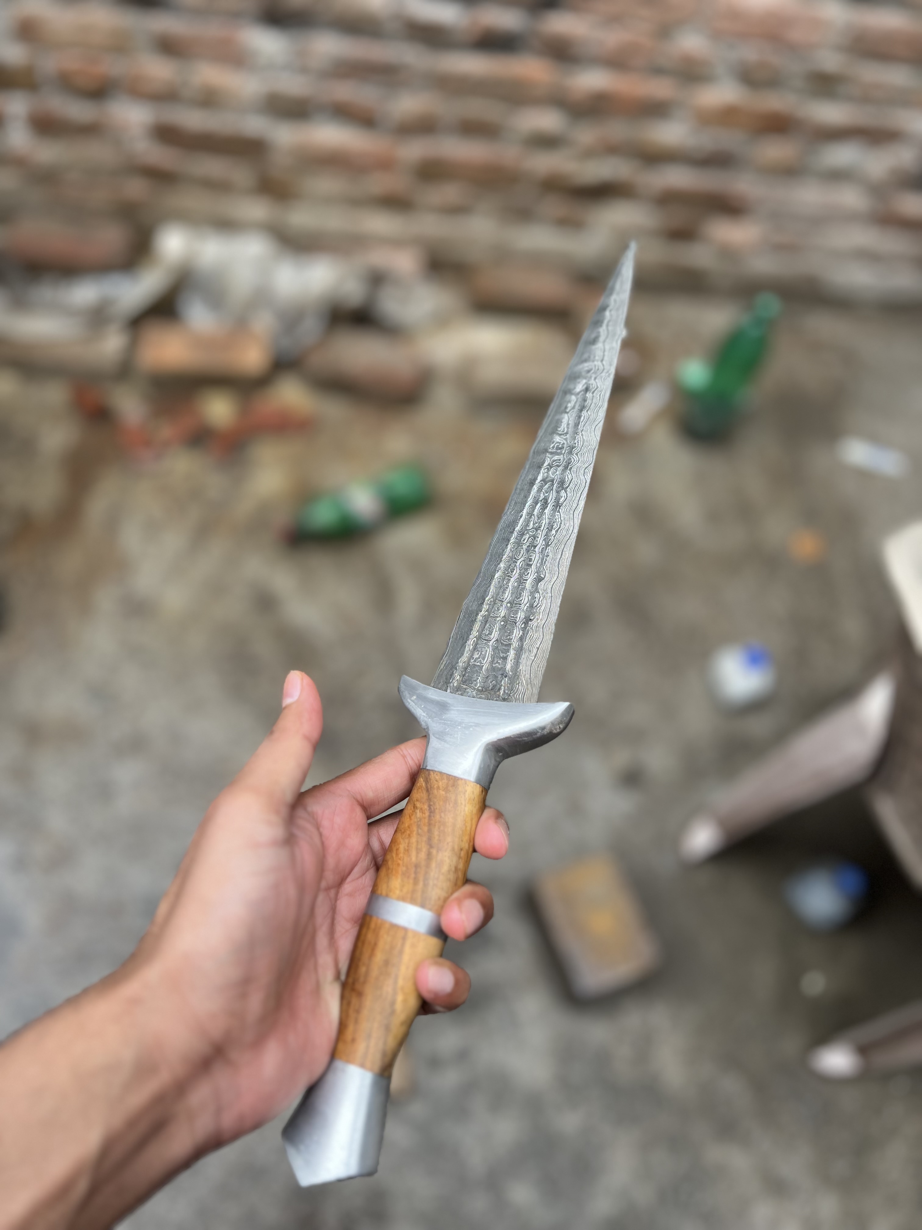 17" Damascus Dagger – Handmade Double Edge with Wood Handle