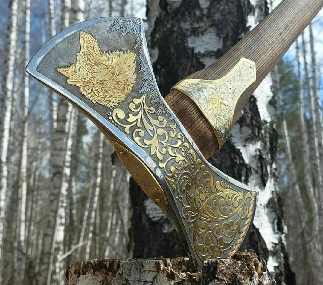 The Fenrir - Handmade Gold Engraved Viking Battle Axe with Wolf Head Etching