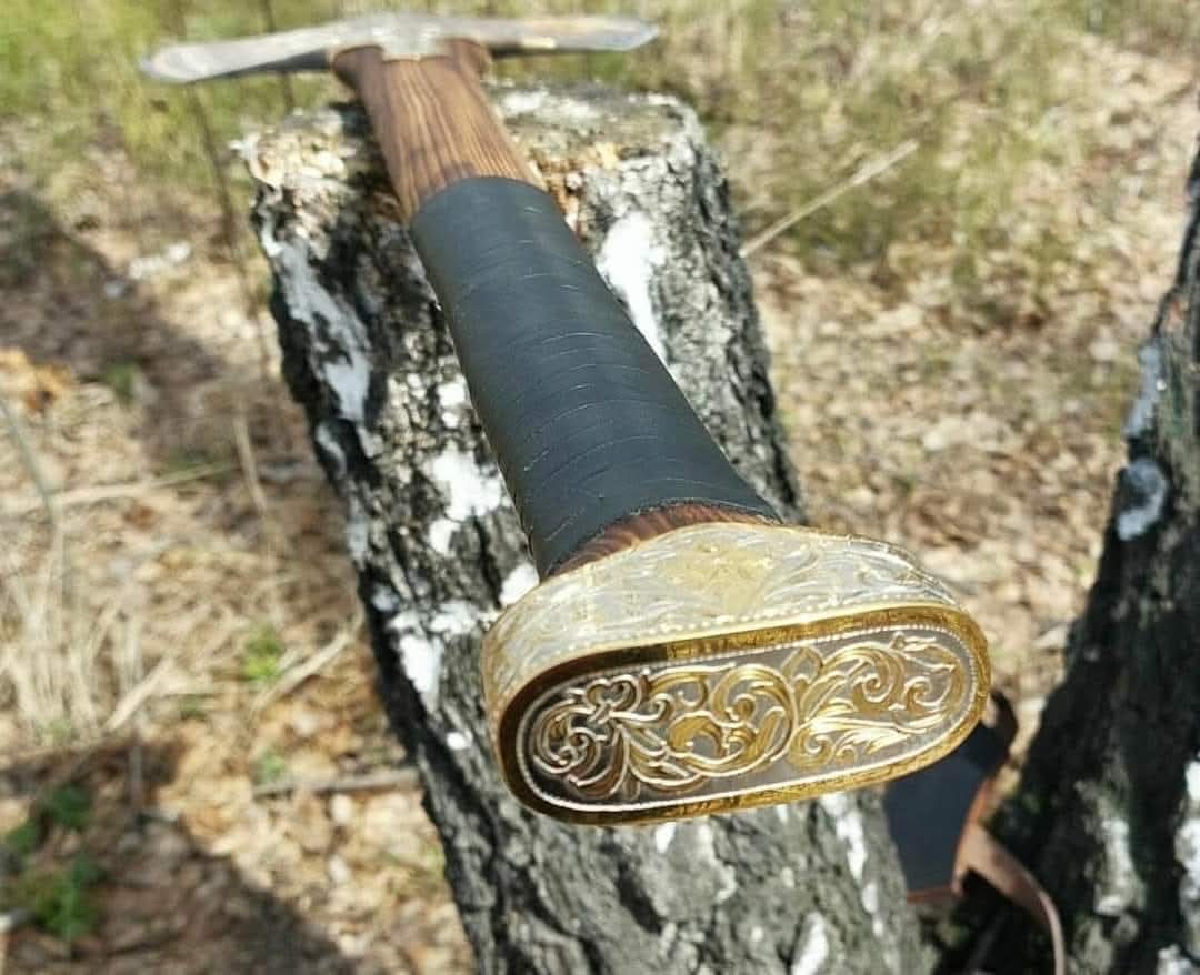 The Fenrir - Handmade Gold Engraved Viking Battle Axe with Wolf Head Etching