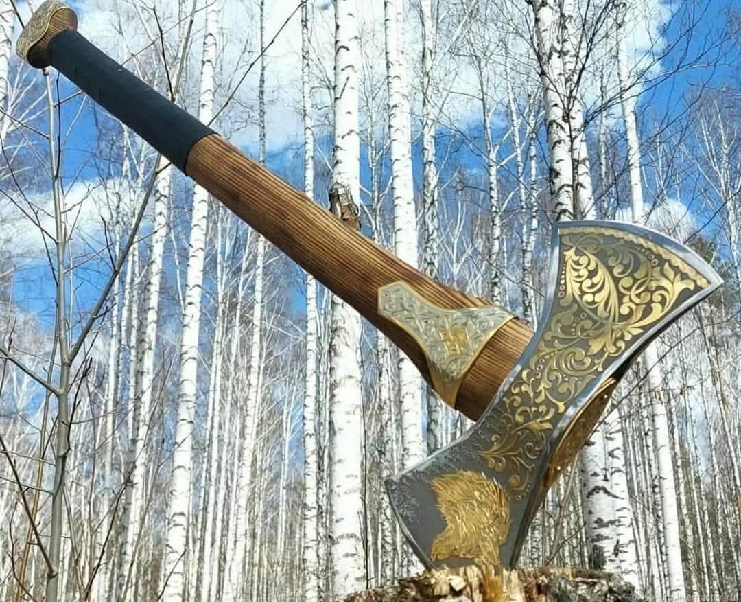 The Fenrir - Handmade Gold Engraved Viking Battle Axe with Wolf Head Etching