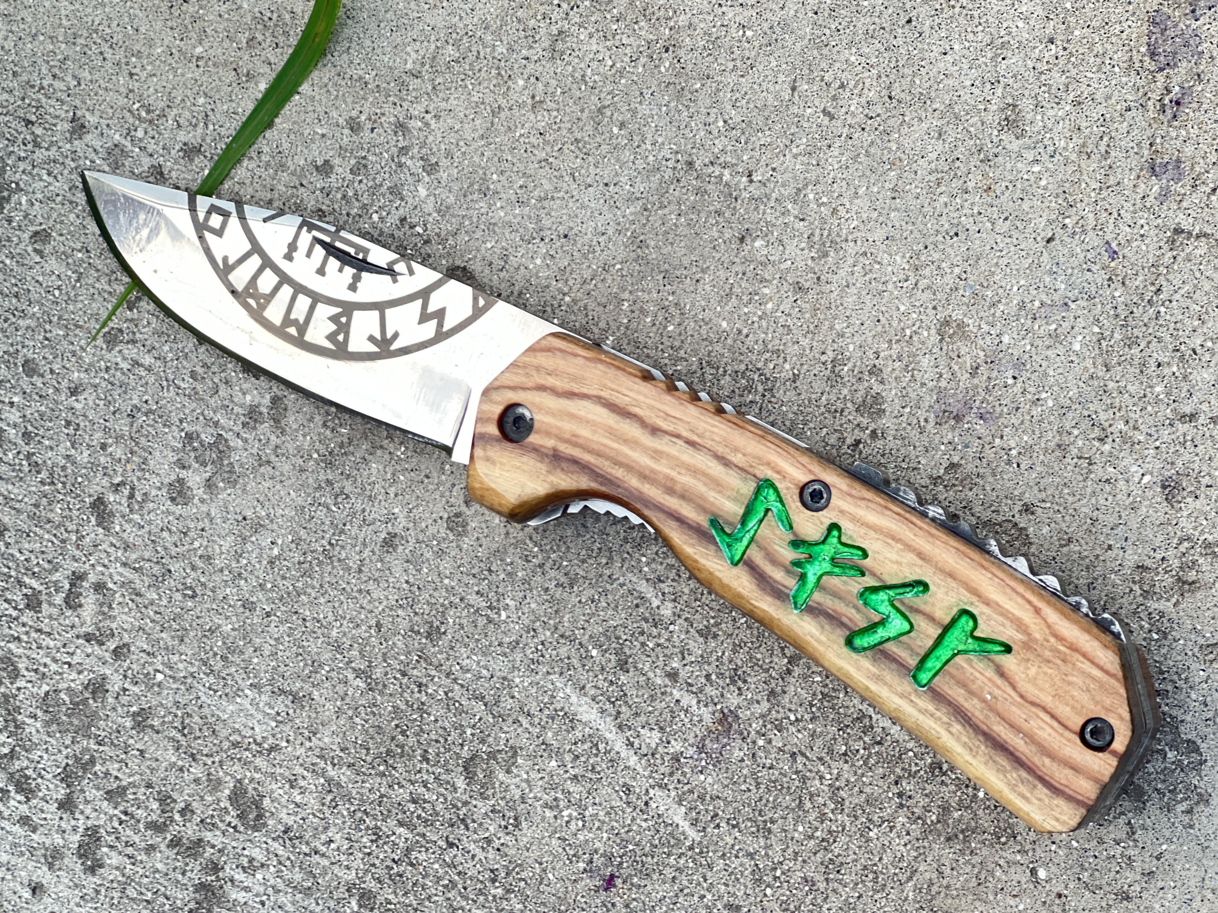 Pair Of Custom Viking Rune Pocket Knife with Leather Sheath - Olive Wood Folding EDC