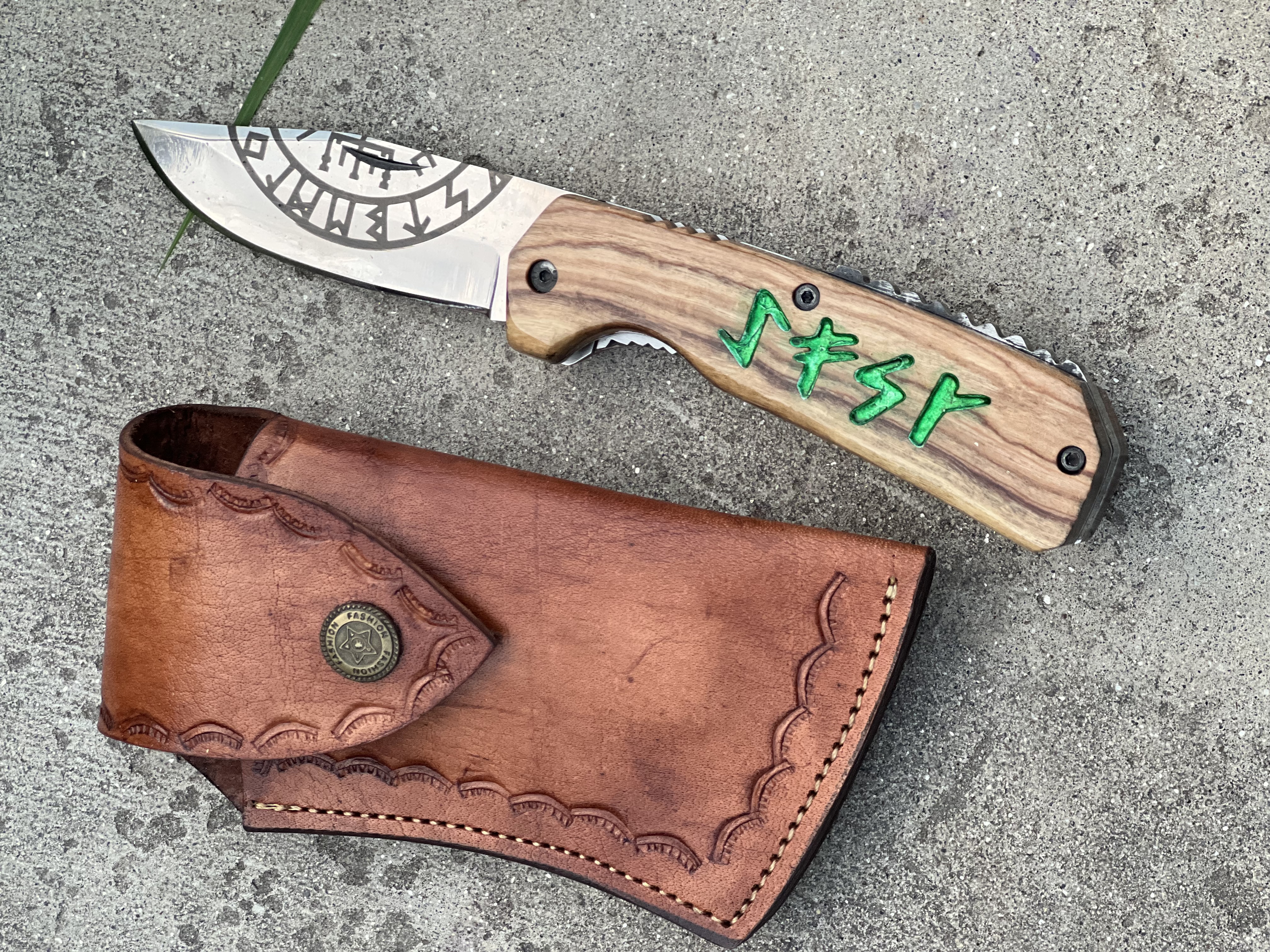 Pair Of Custom Viking Rune Pocket Knife with Leather Sheath - Olive Wood Folding EDC