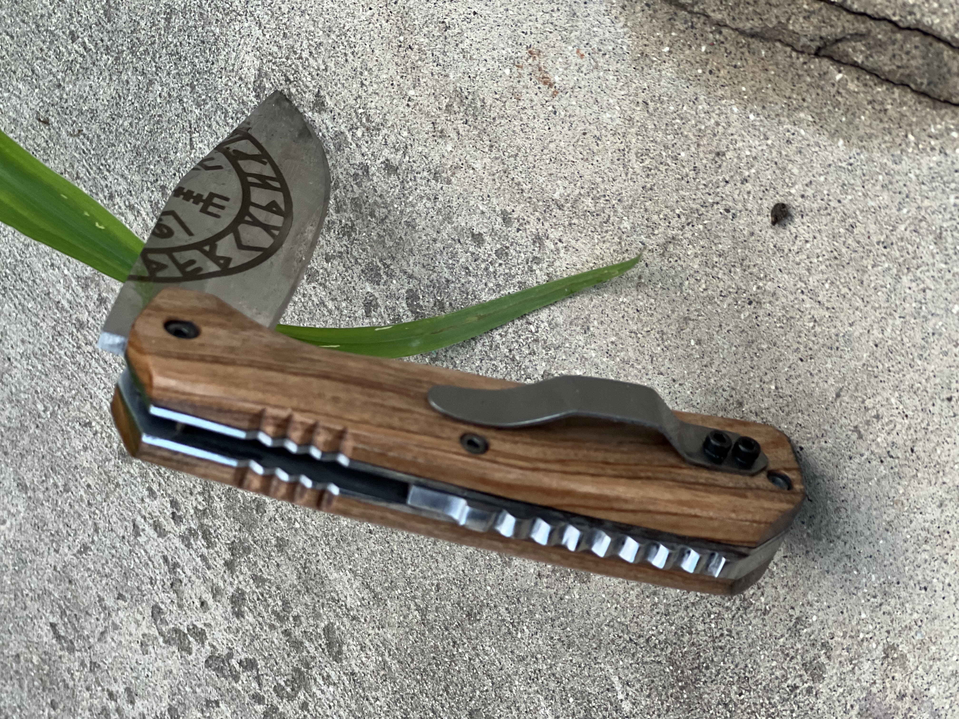 Pair Of Custom Viking Rune Pocket Knife with Leather Sheath - Olive Wood Folding EDC