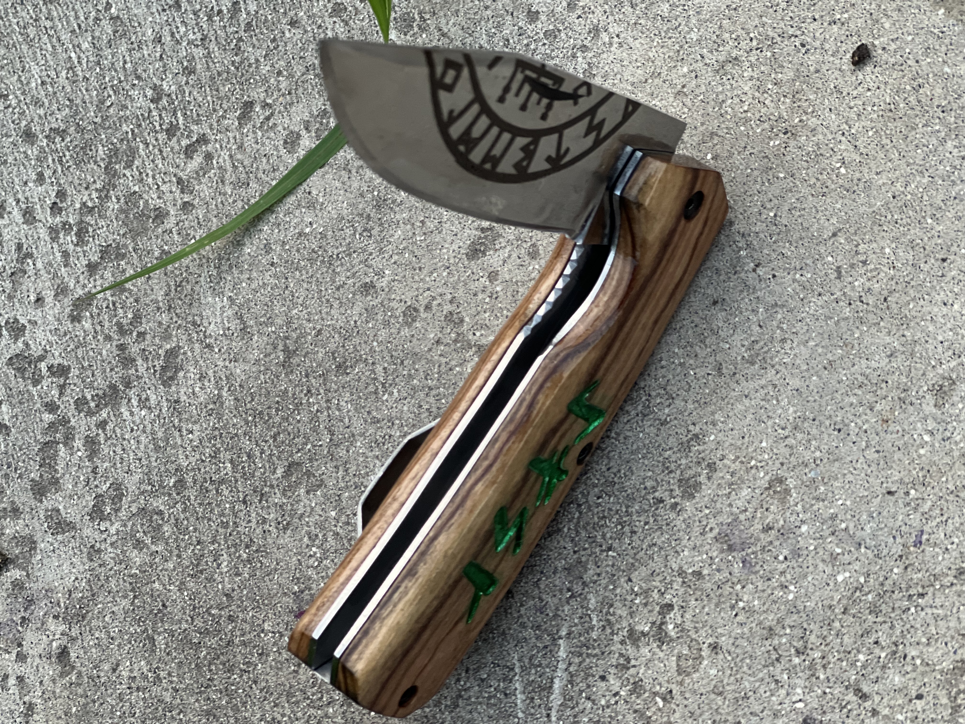 Pair Of Custom Viking Rune Pocket Knife with Leather Sheath - Olive Wood Folding EDC