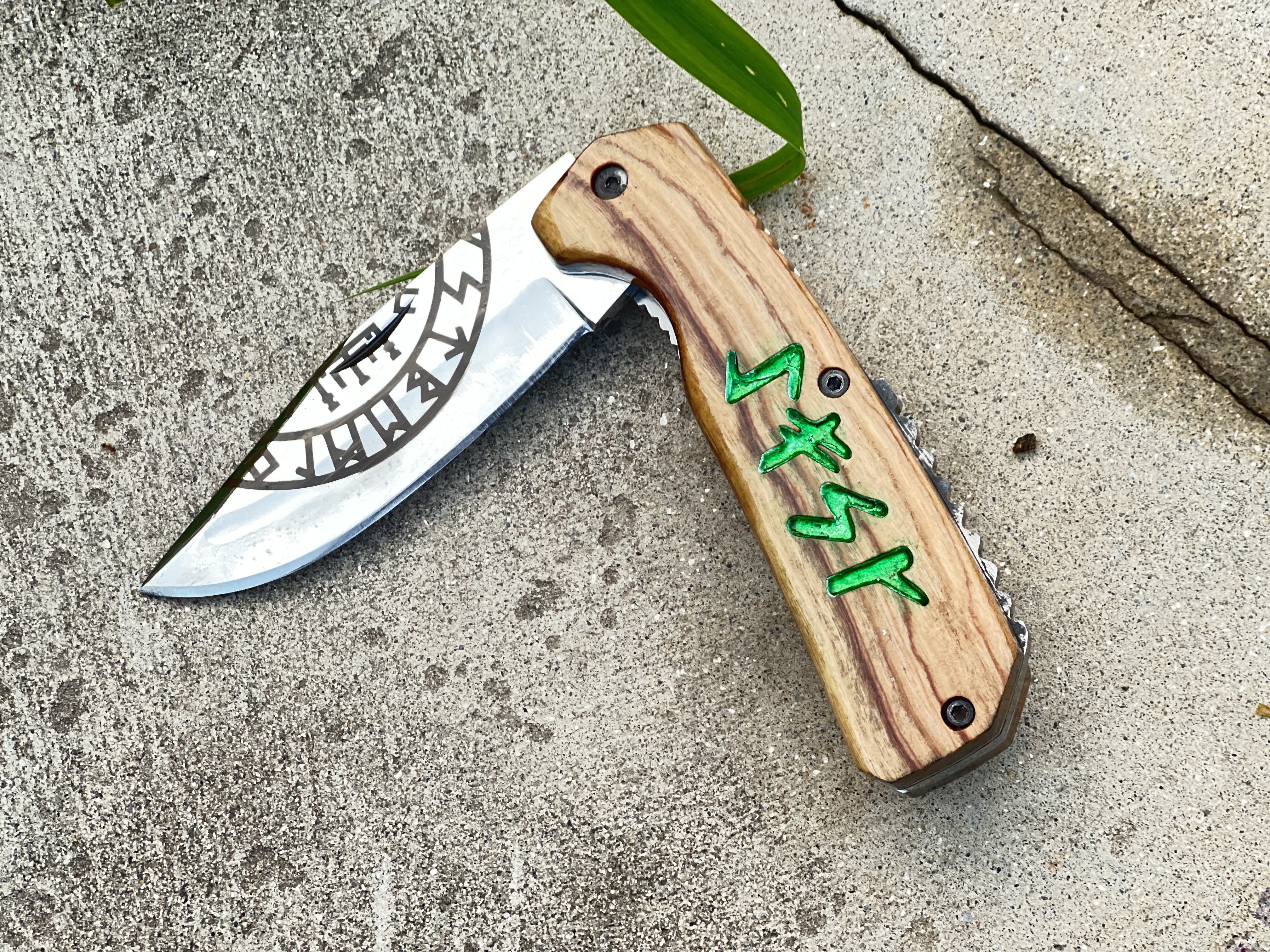 Pair Of Custom Viking Rune Pocket Knife with Leather Sheath - Olive Wood Folding EDC
