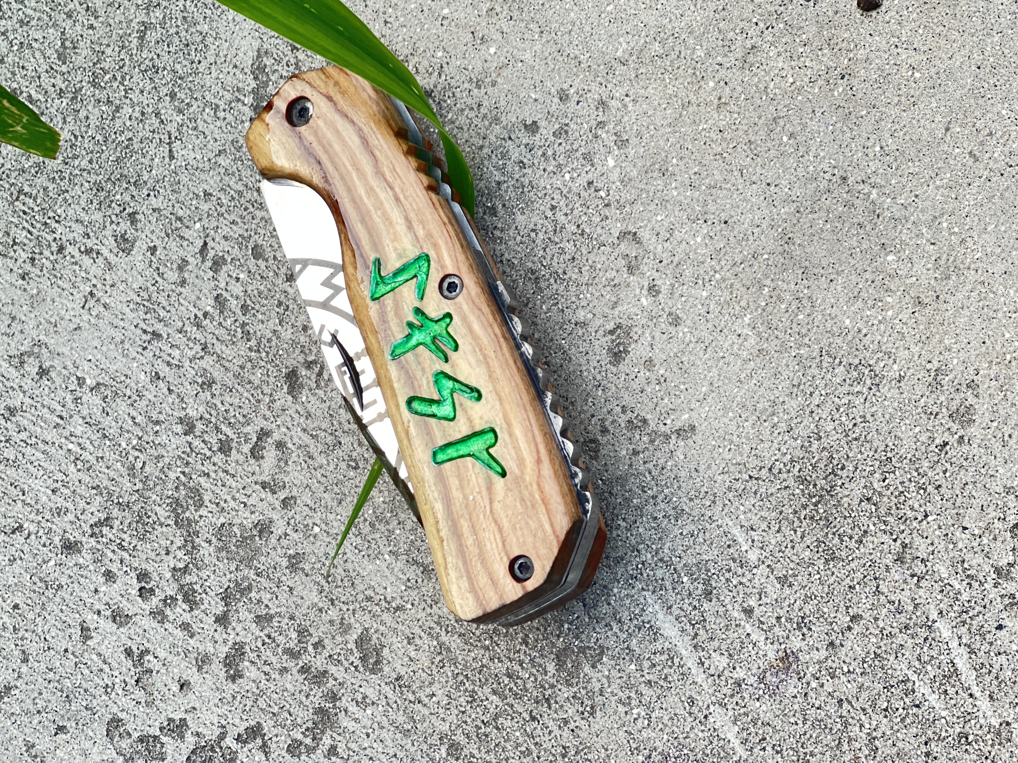 Pair Of Custom Viking Rune Pocket Knife with Leather Sheath - Olive Wood Folding EDC