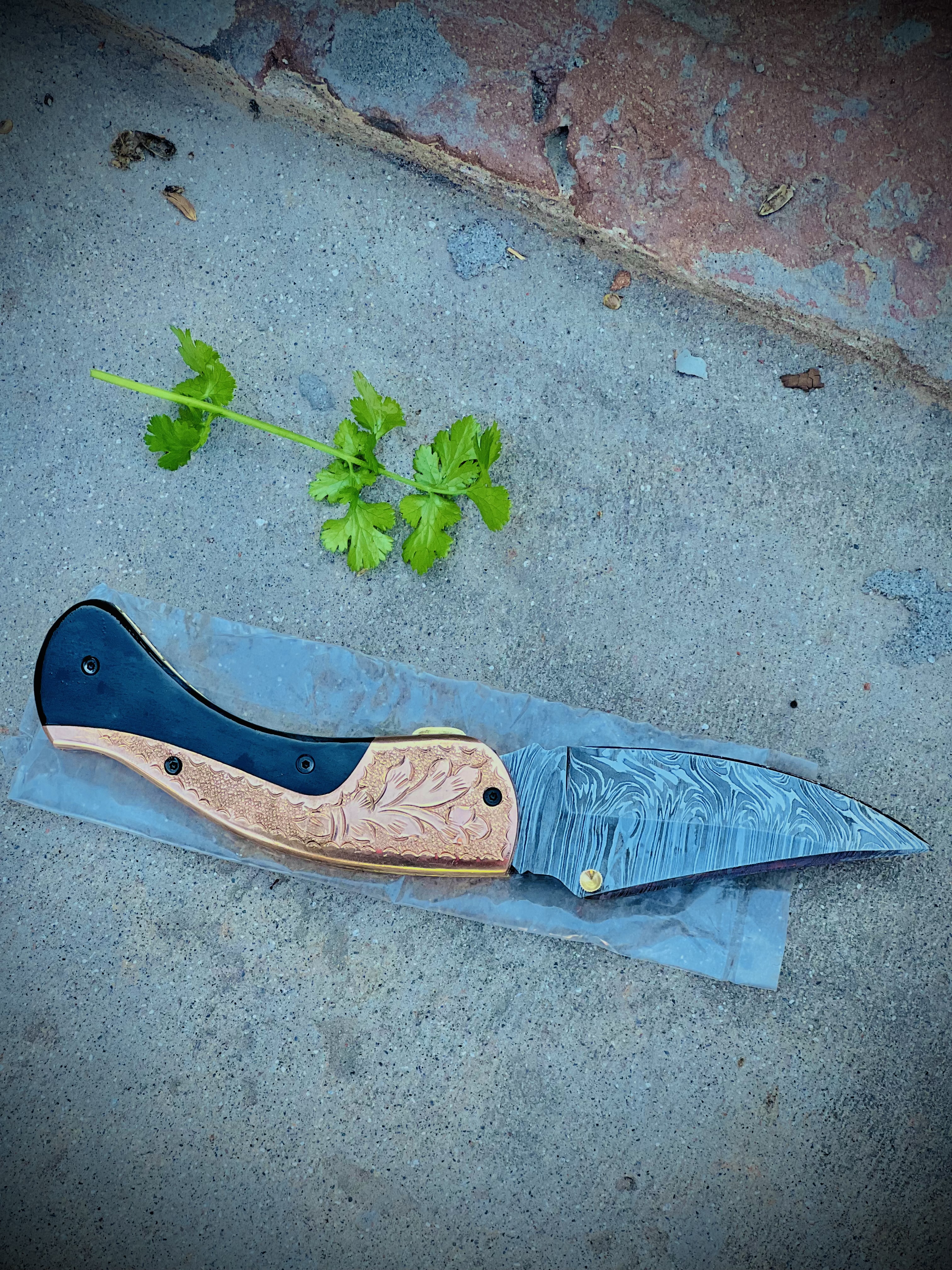 Luxury Damascus Pocket Knife - Black Horn & Copper - Hand Engraved Bolster