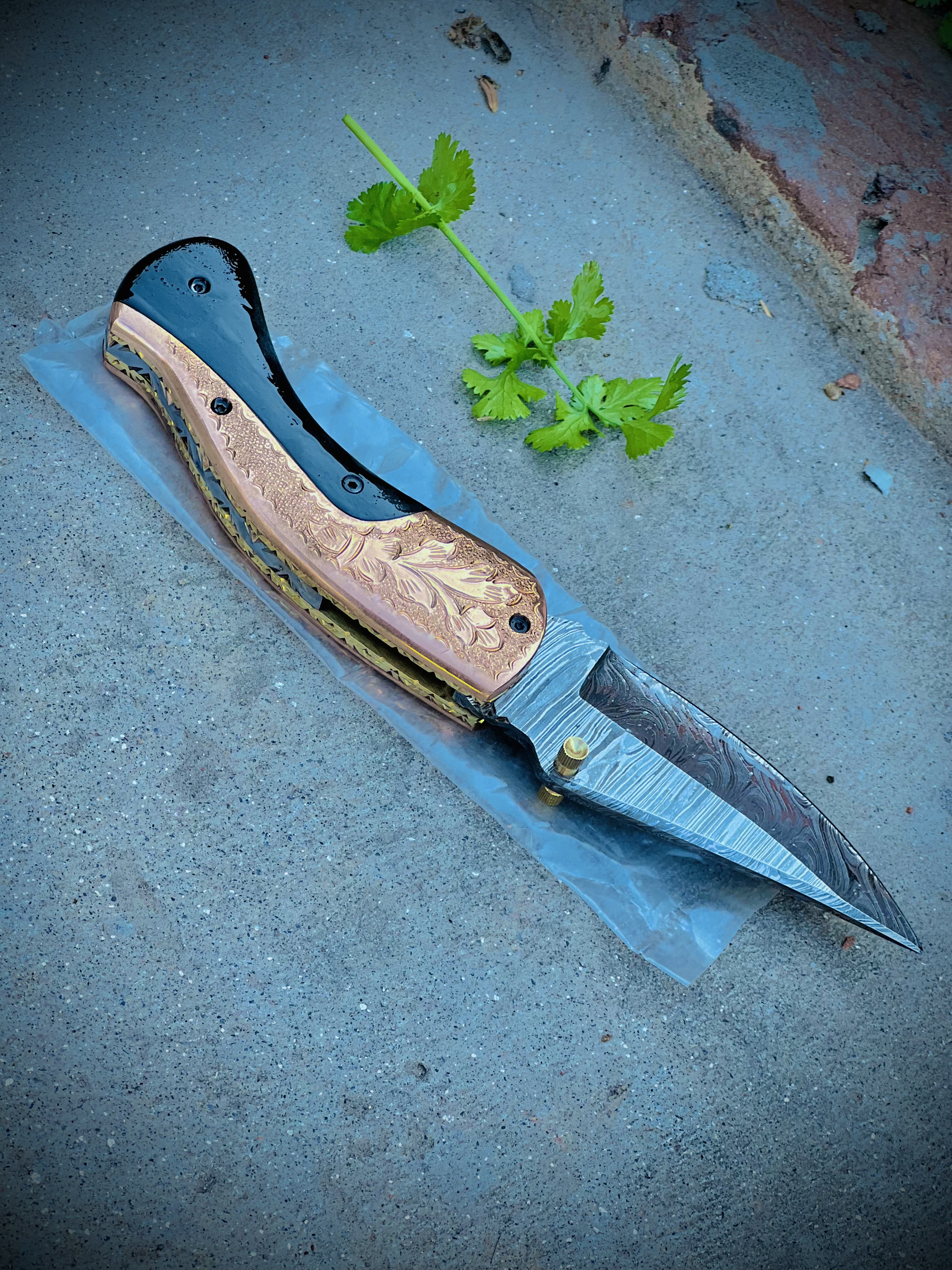 Luxury Damascus Pocket Knife - Black Horn & Copper - Hand Engraved Bolster