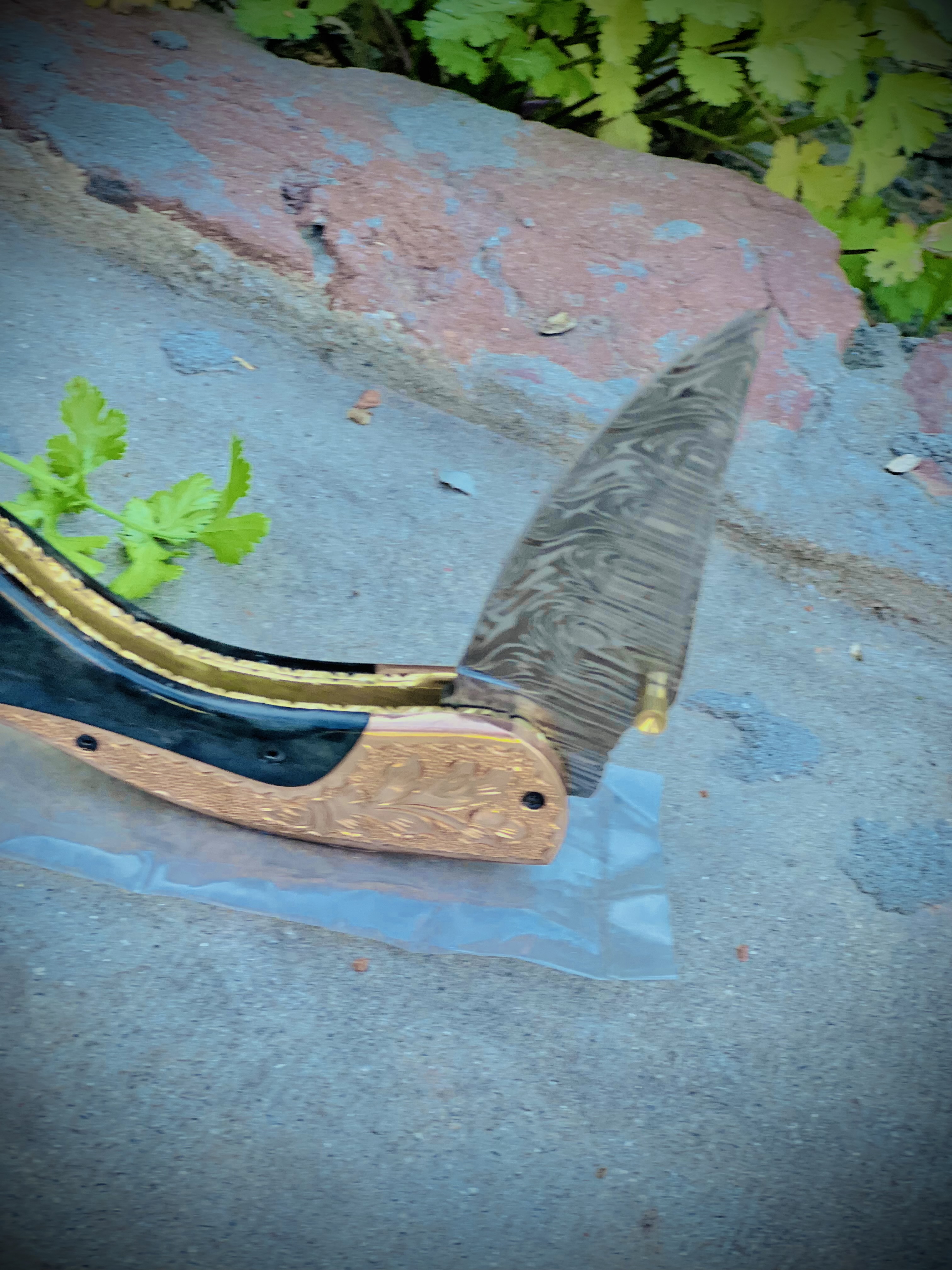 Luxury Damascus Pocket Knife - Black Horn & Copper - Hand Engraved Bolster