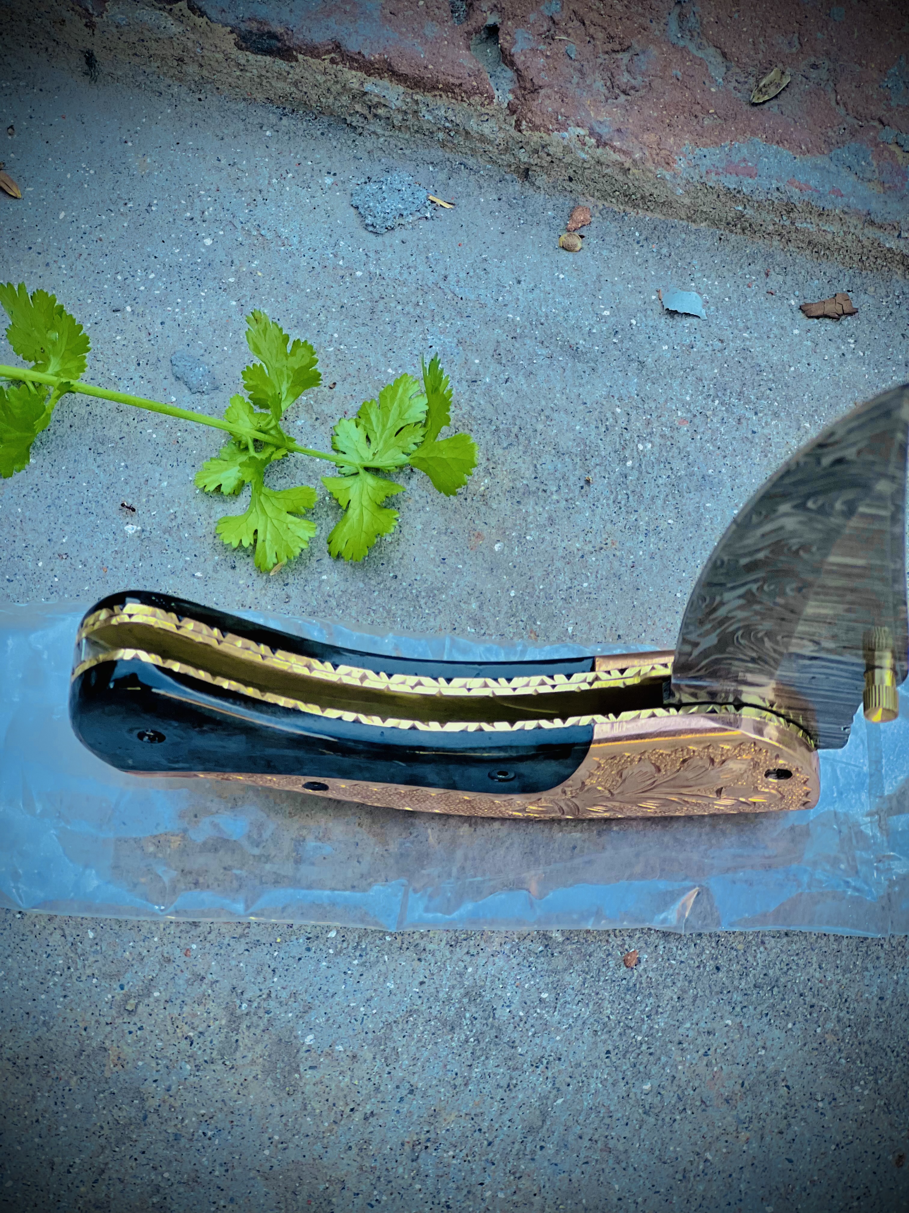 Luxury Damascus Pocket Knife - Black Horn & Copper - Hand Engraved Bolster