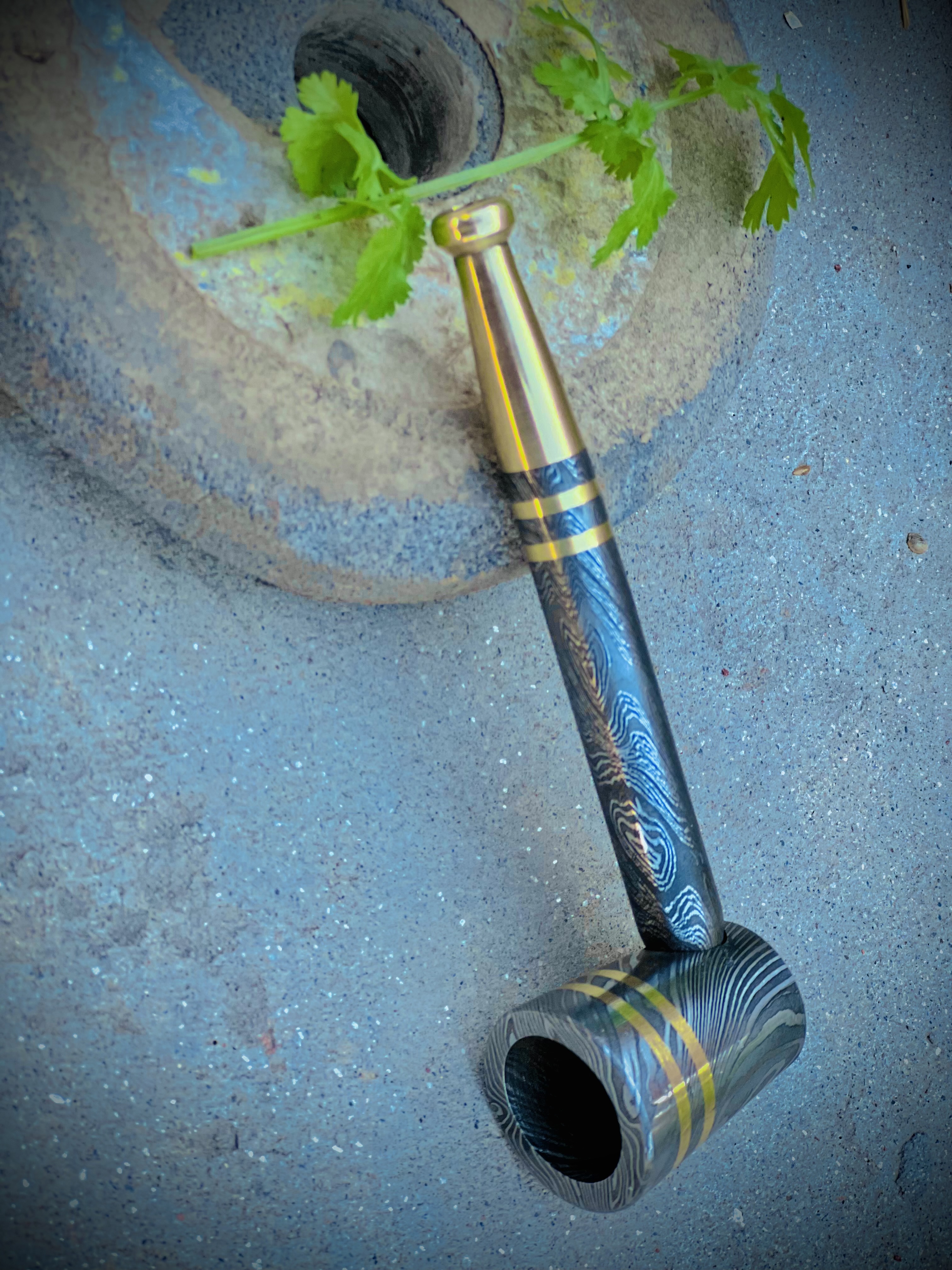 Handmade Damascus Steel Smoking Pipe - Hammer Style Pipe with Brass Accents - Collectible Tobacco Pipe