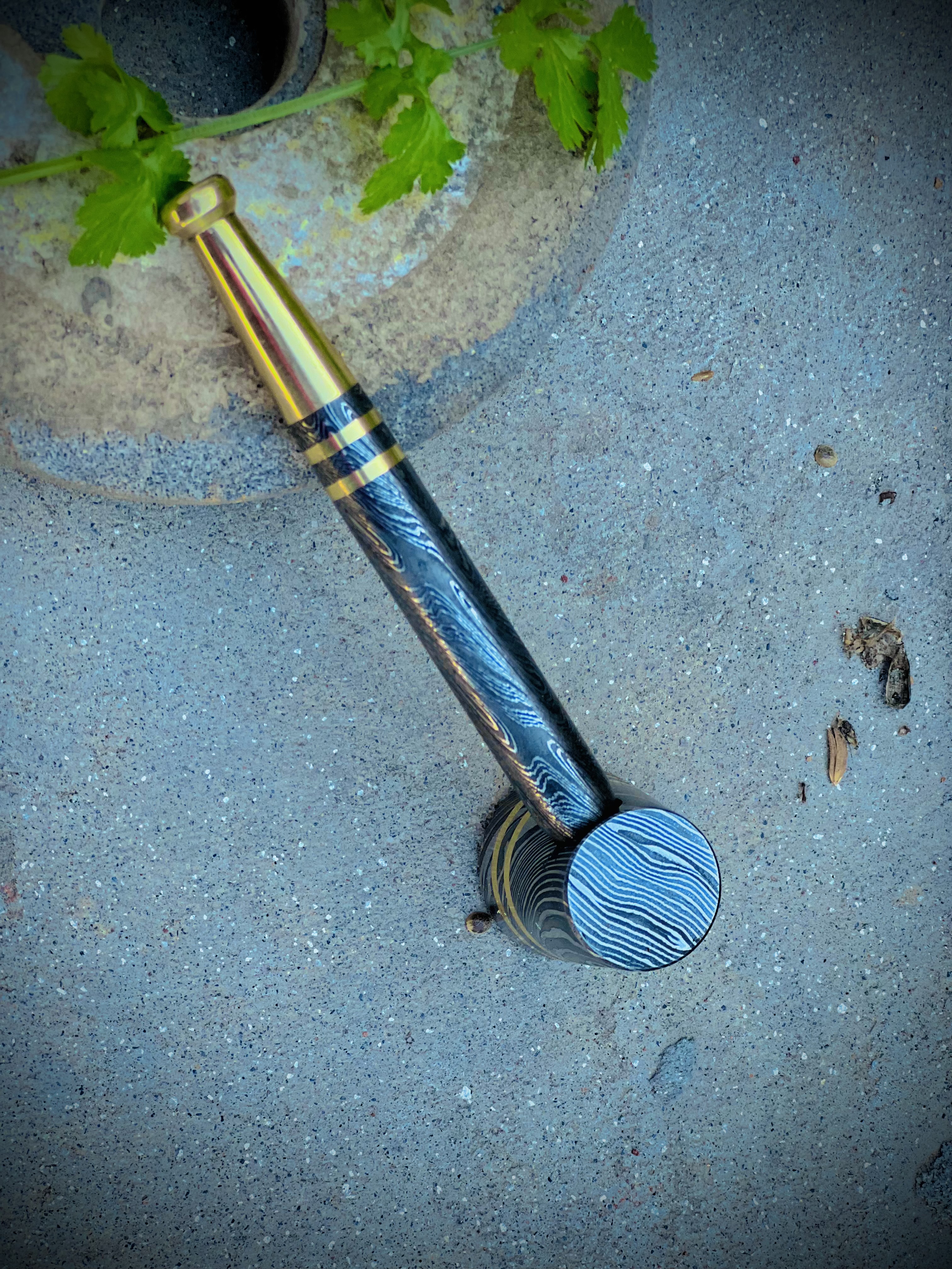 Handmade Damascus Steel Smoking Pipe - Hammer Style Pipe with Brass Accents - Collectible Tobacco Pipe
