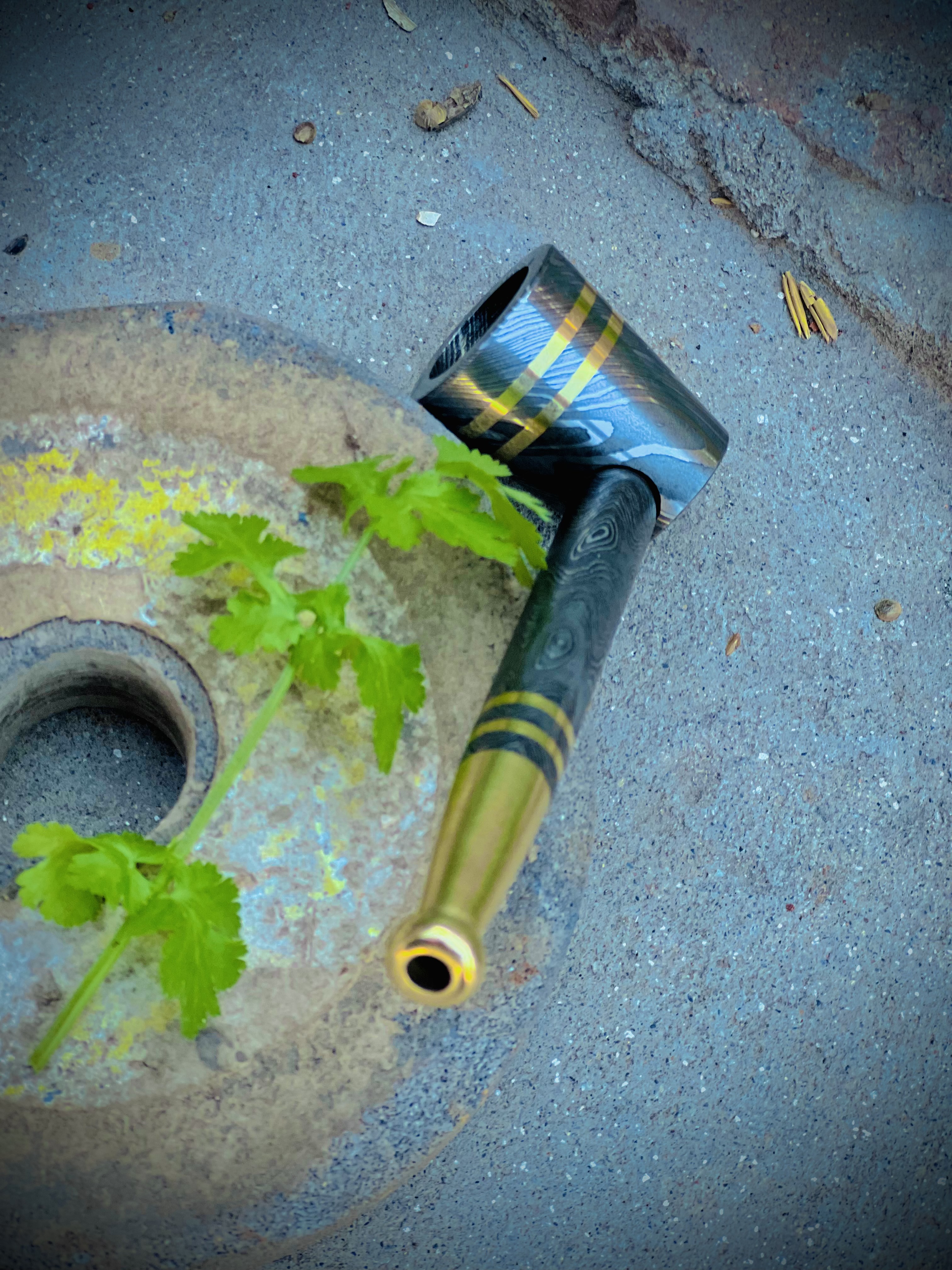 Handmade Damascus Steel Smoking Pipe - Hammer Style Pipe with Brass Accents - Collectible Tobacco Pipe