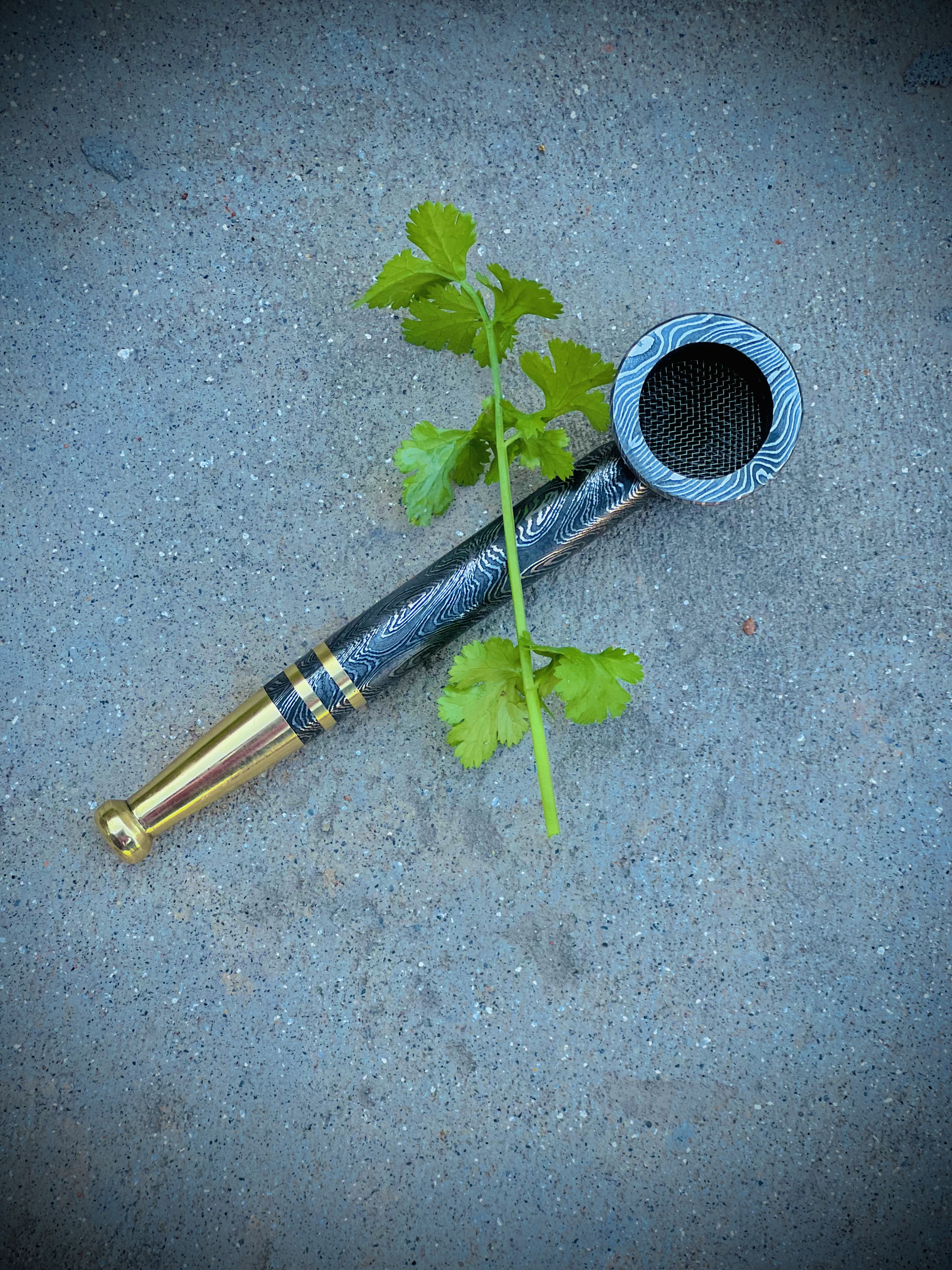 Handmade Damascus Steel Smoking Pipe - Hammer Style Pipe with Brass Accents - Collectible Tobacco Pipe