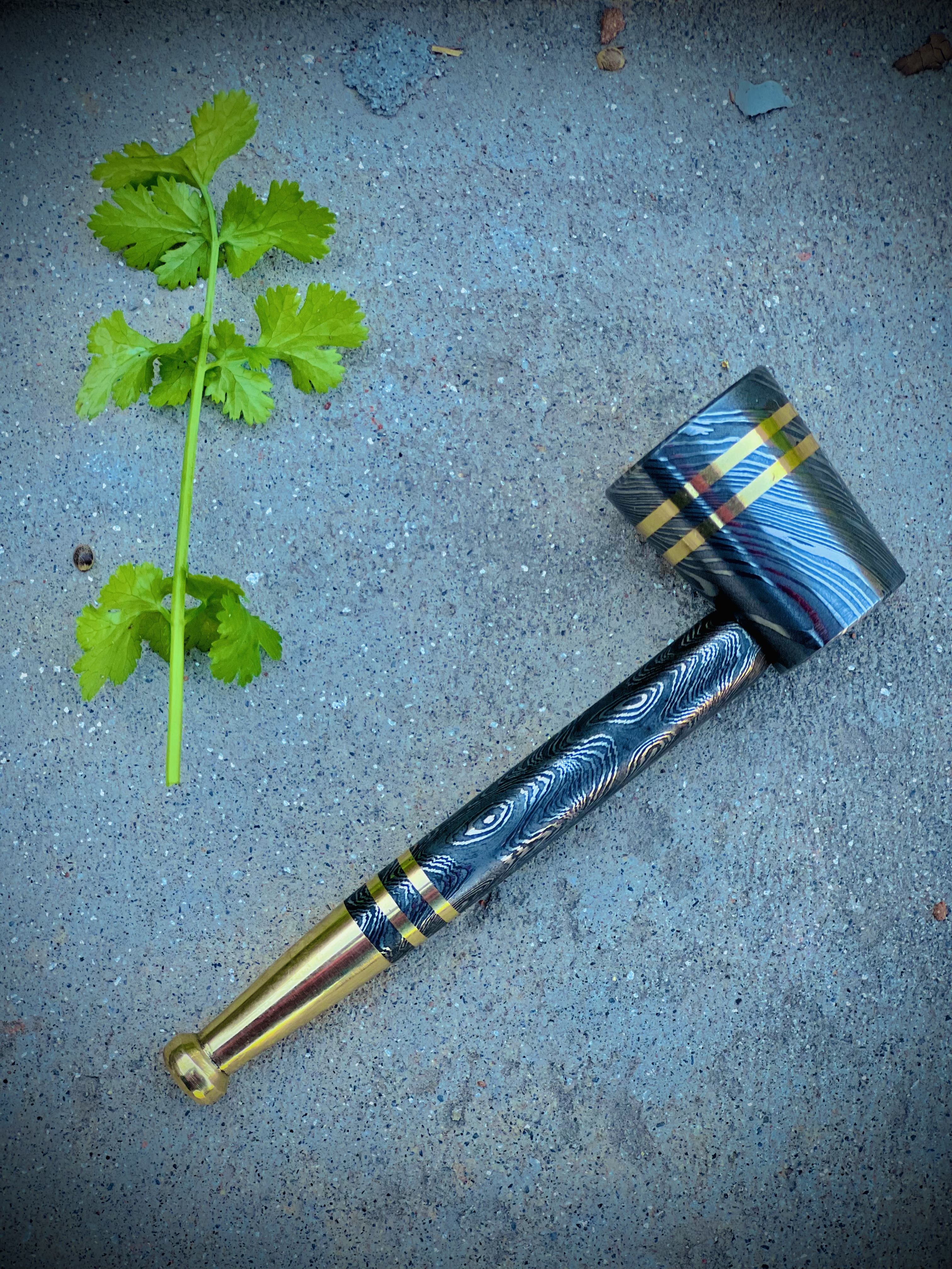 Handmade Damascus Steel Smoking Pipe - Hammer Style Pipe with Brass Accents - Collectible Tobacco Pipe