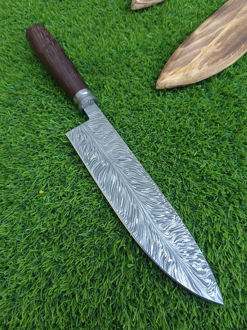Handmade Damascus Feather Pattern Chef Knife - Japanese Gyuto Kitchen Knife with Dark Wood Handle - Custom Damascus Steel Chef Knife