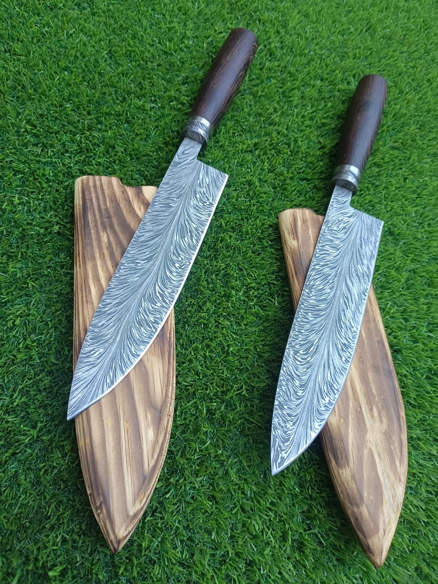 Handmade Damascus Feather Pattern Chef Knife - Japanese Gyuto Kitchen Knife with Dark Wood Handle - Custom Damascus Steel Chef Knife