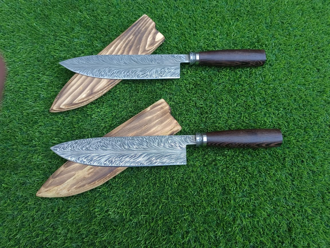 Handmade Damascus Feather Pattern Chef Knife - Japanese Gyuto Kitchen Knife with Dark Wood Handle - Custom Damascus Steel Chef Knife