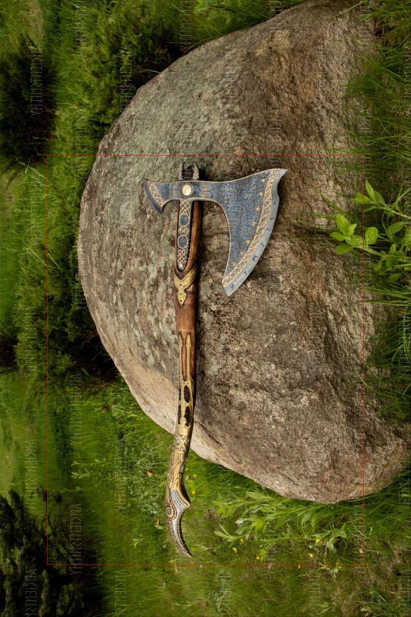 Large Viking Bearded Axe - Raven Head Carved Handle - Cosplay Axe with Rune Engraving