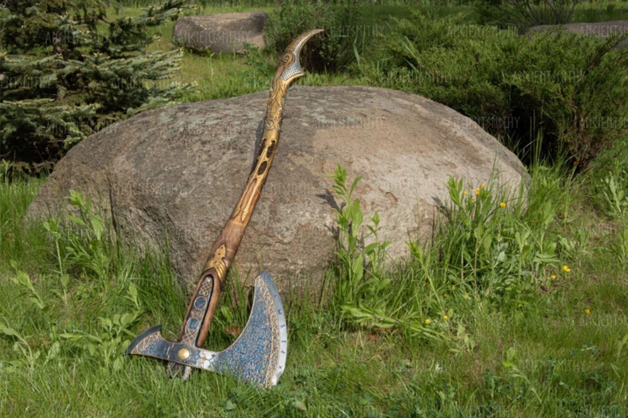 Large Viking Bearded Axe - Raven Head Carved Handle - Cosplay Axe with Rune Engraving