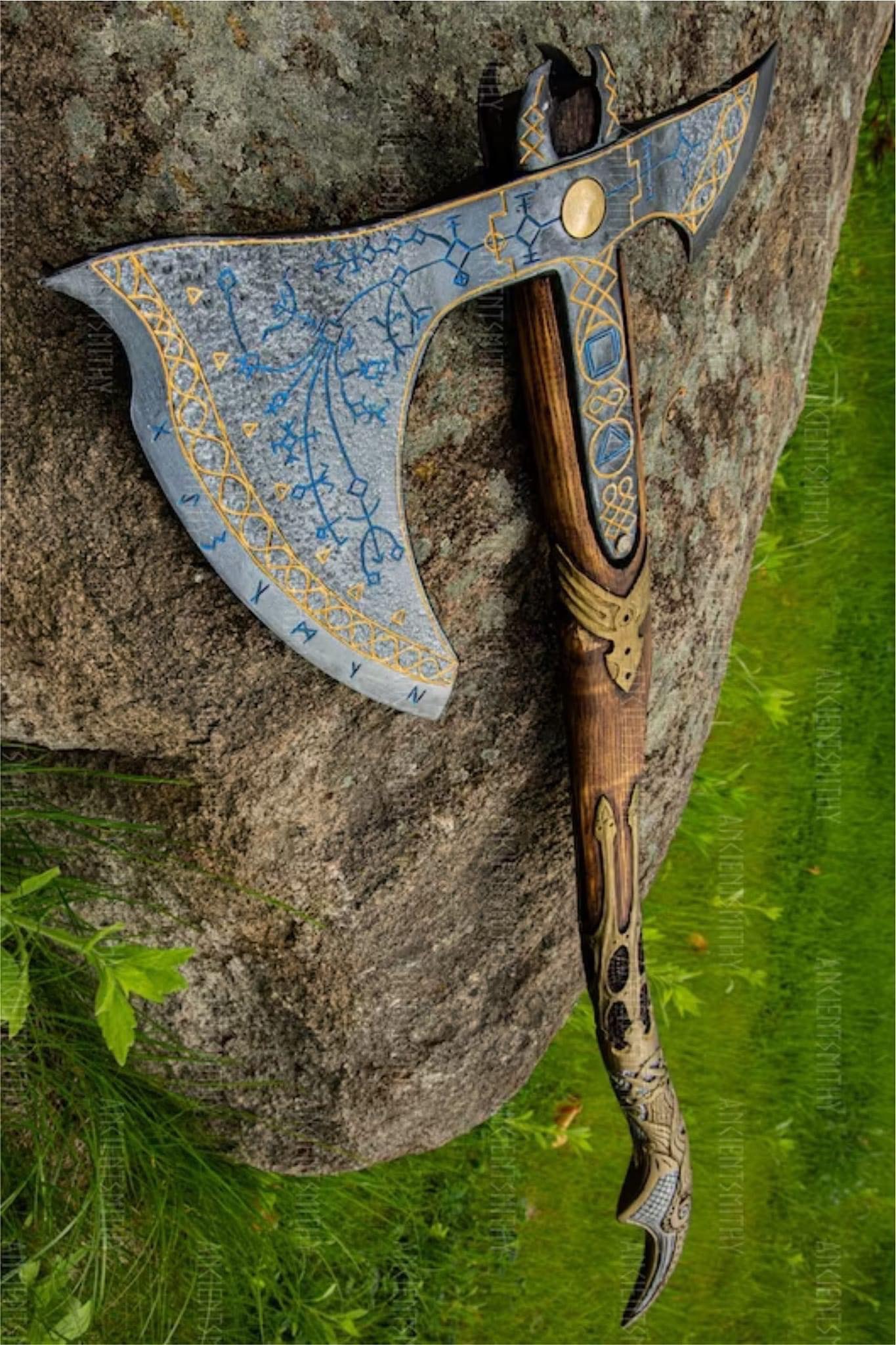 Large Viking Bearded Axe - Raven Head Carved Handle - Cosplay Axe with Rune Engraving