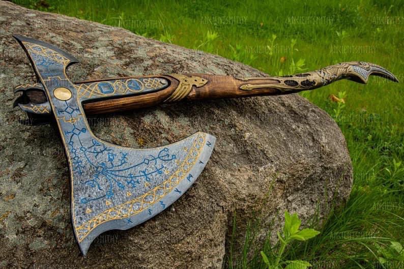 Large Viking Bearded Axe - Raven Head Carved Handle - Cosplay Axe with Rune Engraving