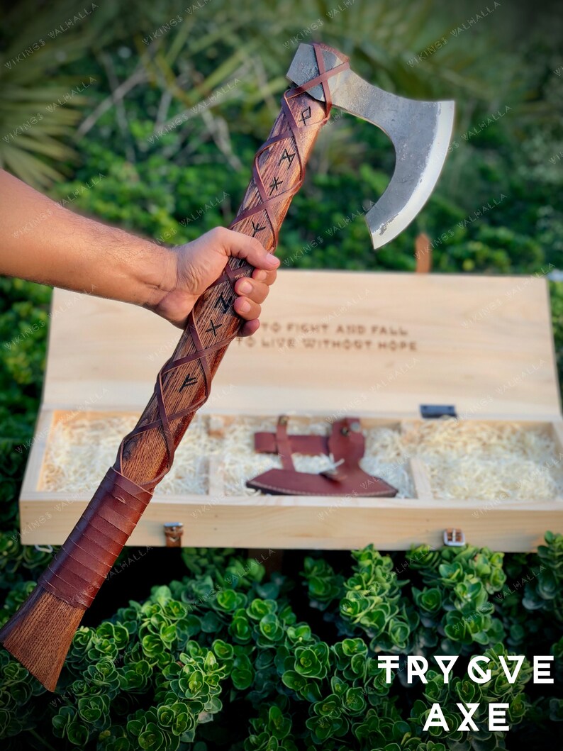 TRYGVE Viking Axe - Hand Forged Bearded Axe with Custom Engraved Wooden Box - Personalized Norse Axe - "Better to Fight and Fall..." Gift For Him
