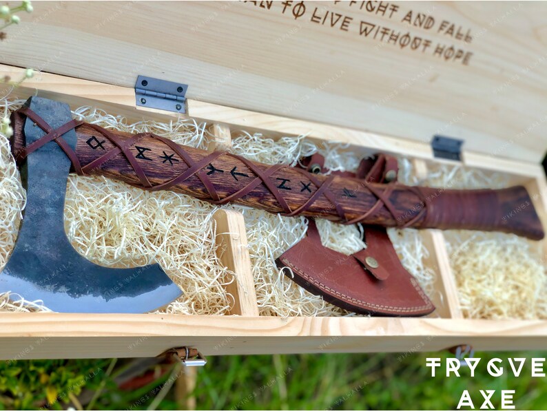 TRYGVE Viking Axe - Hand Forged Bearded Axe with Custom Engraved Wooden Box - Personalized Norse Axe - "Better to Fight and Fall..." Gift For Him