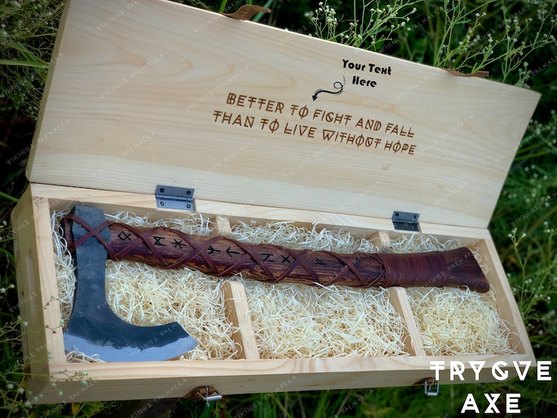 TRYGVE Viking Axe - Hand Forged Bearded Axe with Custom Engraved Wooden Box - Personalized Norse Axe - "Better to Fight and Fall..." Gift For Him