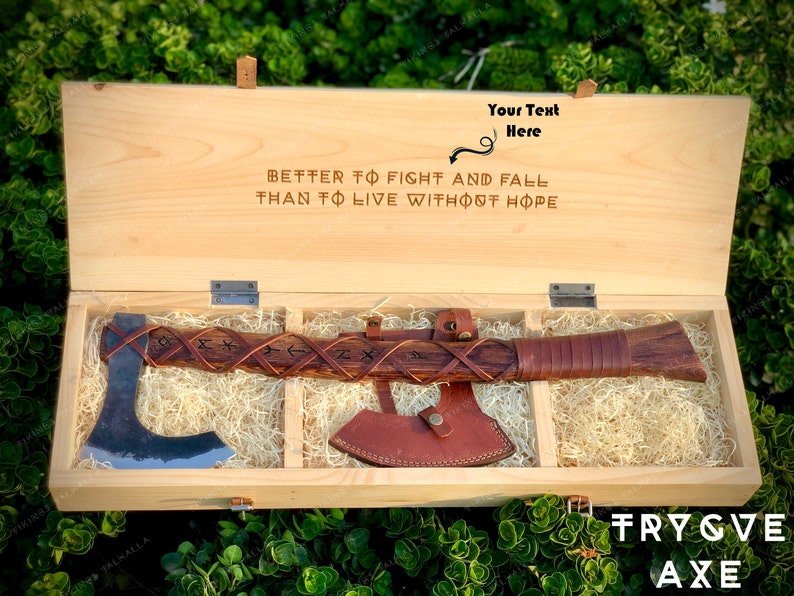 TRYGVE Viking Axe - Hand Forged Bearded Axe with Custom Engraved Wooden Box - Personalized Norse Axe - "Better to Fight and Fall..." Gift For Him