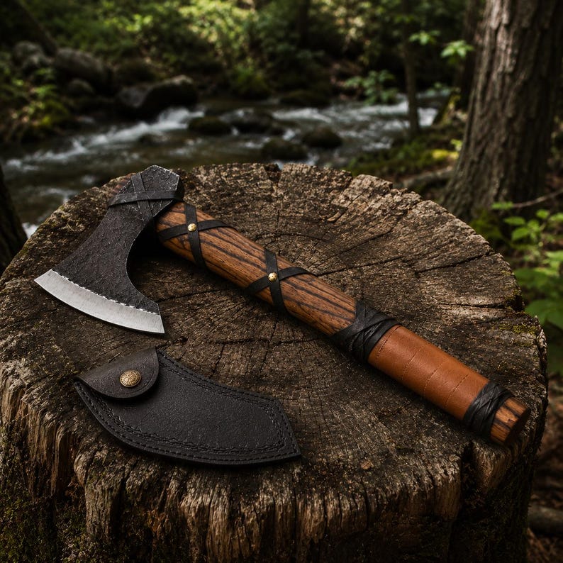 Viking Bearded Axe with Leather Sheath - Mini Camping Hatchet - Carbon Steel Bushcraft Axe - Norse Tomahawk Gift For Him