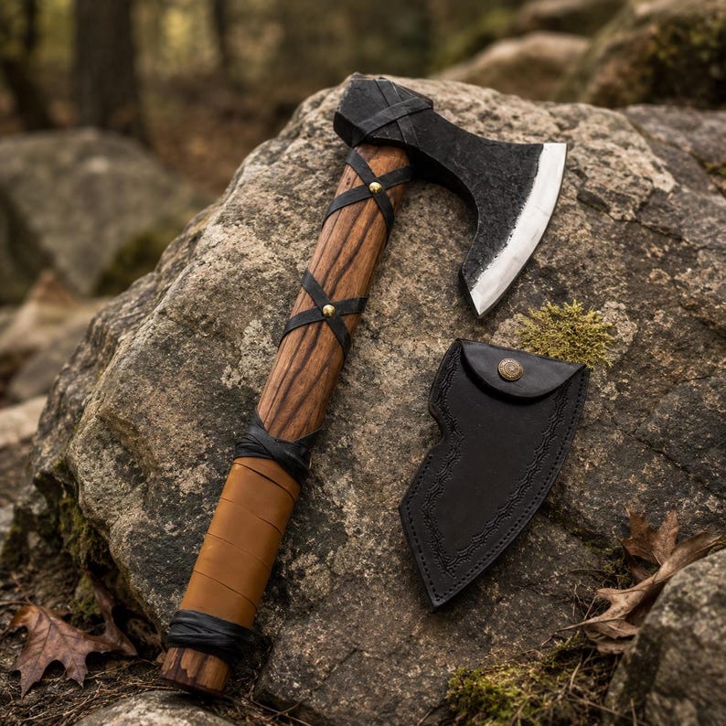 Viking Bearded Axe with Leather Sheath - Mini Camping Hatchet - Carbon Steel Bushcraft Axe - Norse Tomahawk Gift For Him