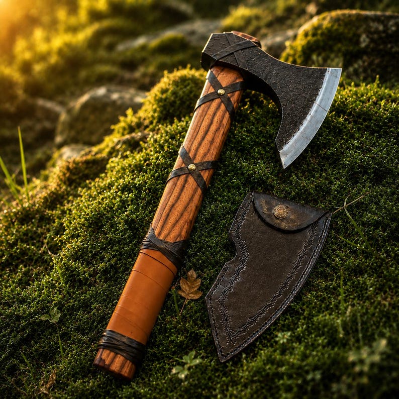 Viking Bearded Axe with Leather Sheath - Mini Camping Hatchet - Carbon Steel Bushcraft Axe - Norse Tomahawk Gift For Him