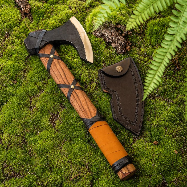 Viking Bearded Axe with Leather Sheath - Mini Camping Hatchet - Carbon Steel Bushcraft Axe - Norse Tomahawk Gift For Him