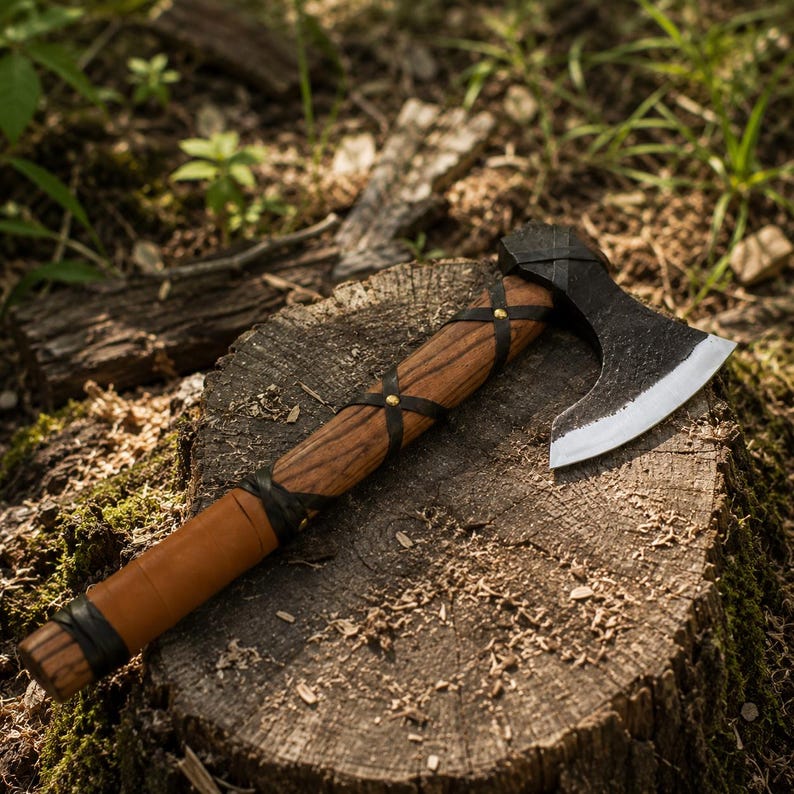 Viking Bearded Axe with Leather Sheath - Mini Camping Hatchet - Carbon Steel Bushcraft Axe - Norse Tomahawk Gift For Him