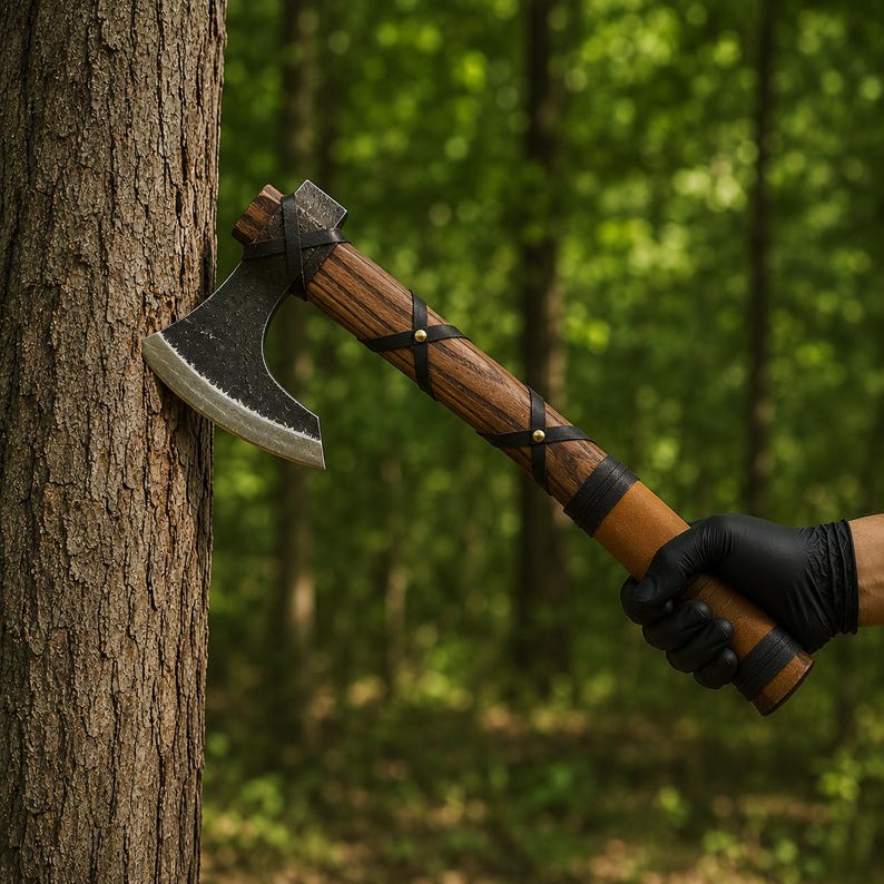 Viking Bearded Axe with Leather Sheath - Mini Camping Hatchet - Carbon Steel Bushcraft Axe - Norse Tomahawk Gift For Him