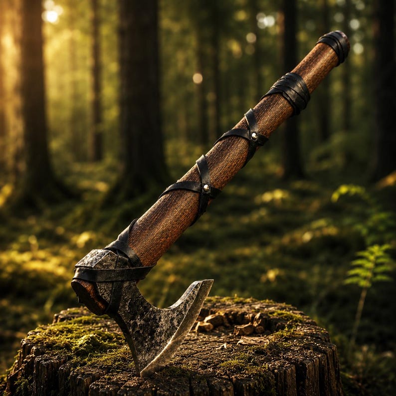 Viking Bearded Axe with Leather Sheath - Mini Camping Hatchet - Carbon Steel Bushcraft Axe - Norse Tomahawk Gift For Him