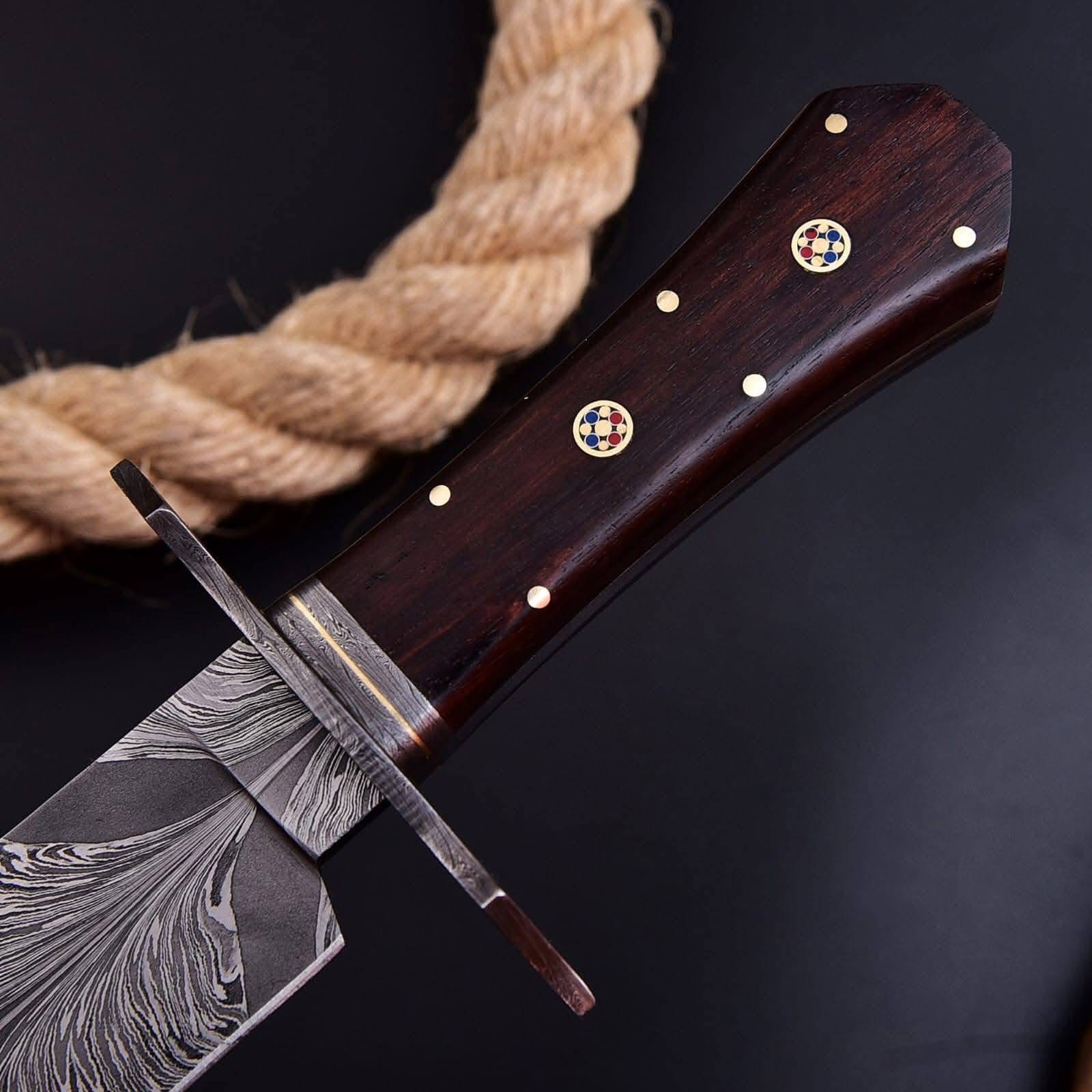 Handmade Damascus Bowie Knife - Feather Pattern Damascus Steel Hunting Knife with Rosewood Handle & Leather Sheath