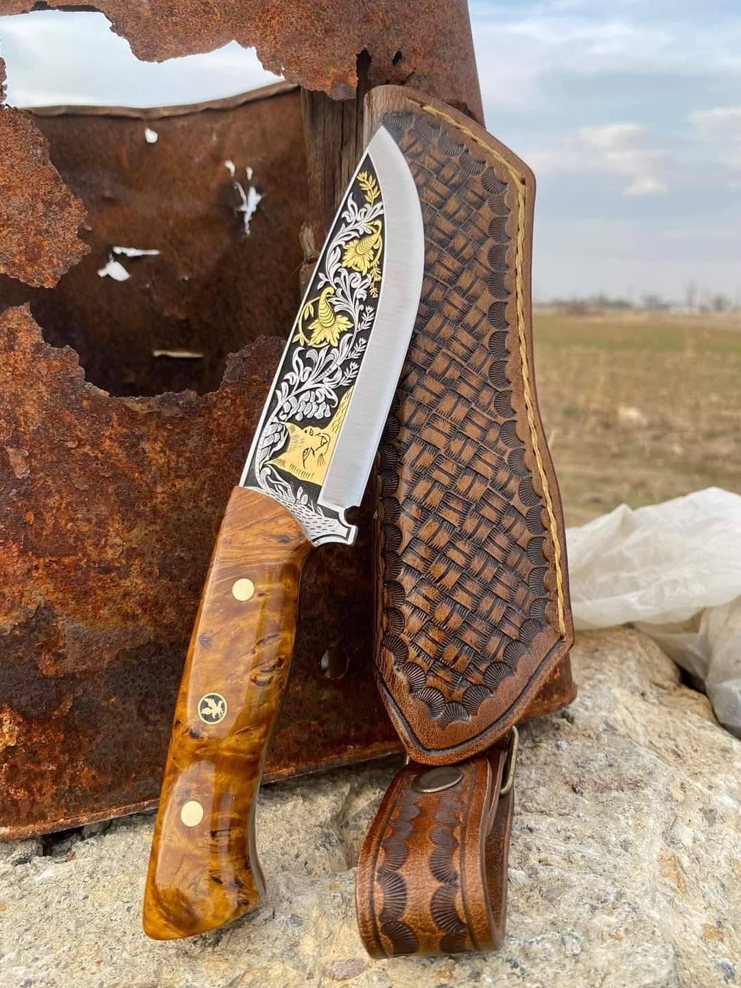 Custom Handmade Engraved Skinner Knife - Collectible Camping Knife with Leather Sheath