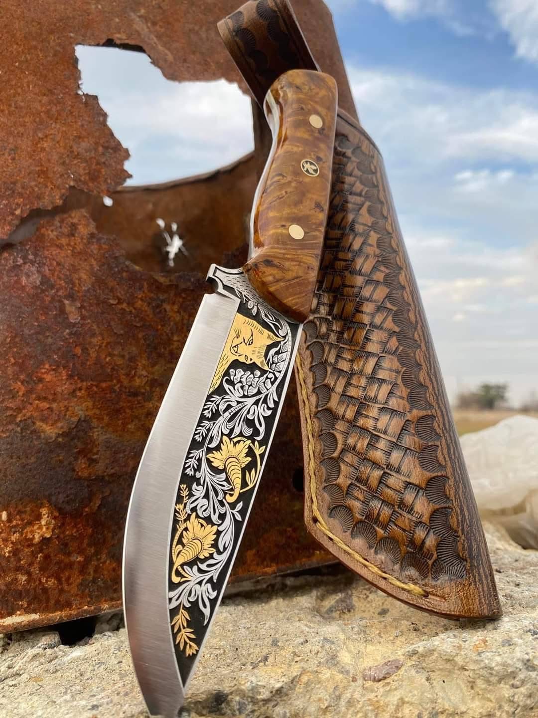 Custom Handmade Engraved Skinner Knife - Collectible Camping Knife with Leather Sheath